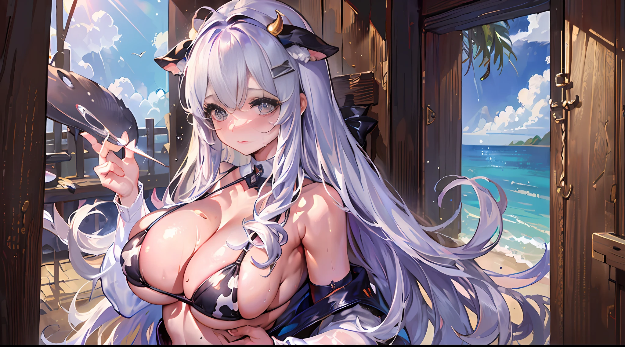 (((A Masterpiece)))、BEST QUALITY、Super Detailed、Blushing、Cute and playful、Navel dashi、Cow Bikini、Cow print bikini、breastfeeding、titsjob、Silvery hair、Chest that seems to burst、Exposed cleavage、Fluffy hairstyle、Aside、Armpit sweat、cleavage between breasts、milk、elastic chest、(Huge breasted)。
