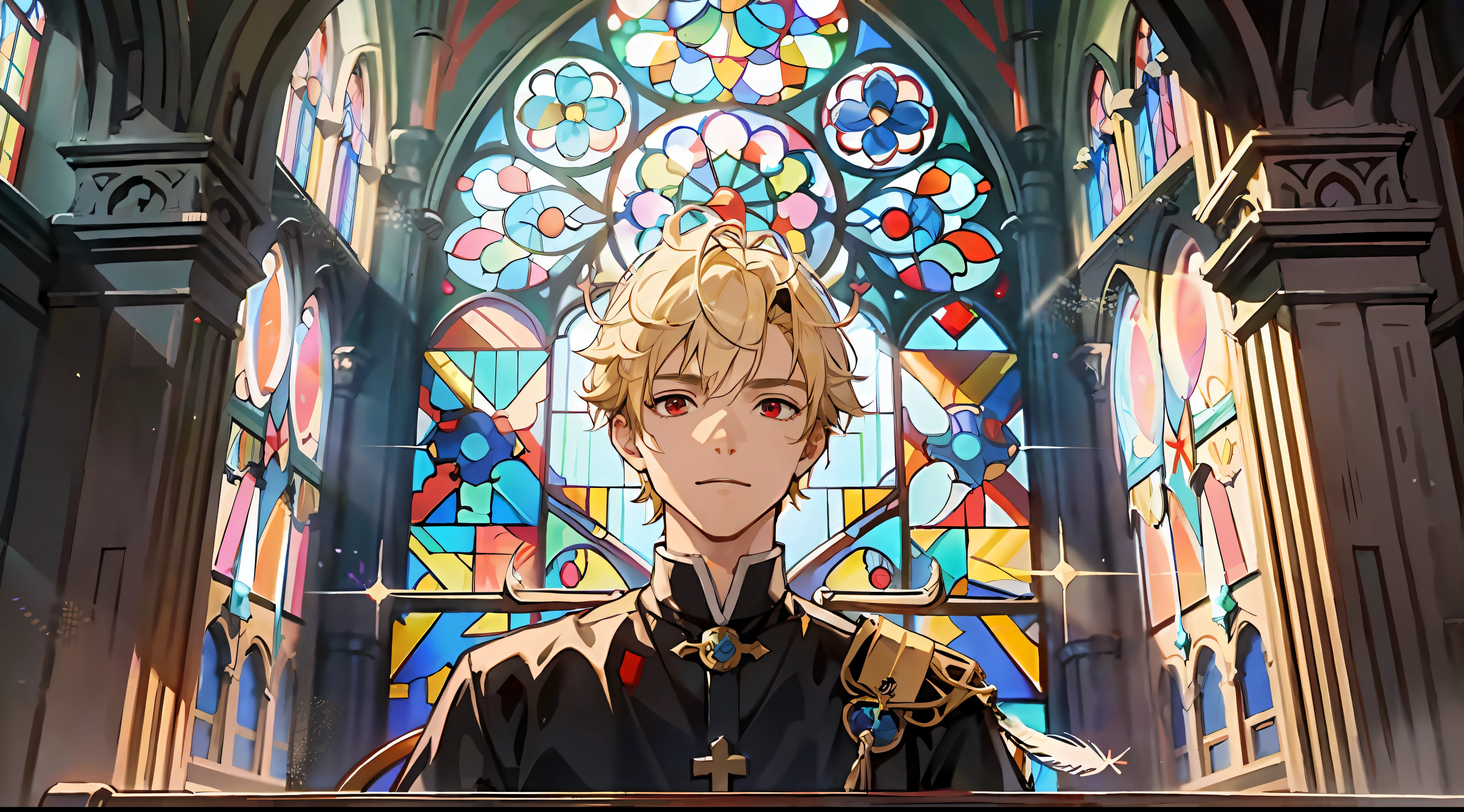 ((Masterpiece: 1.4, highest quality)), ((Masterpiece, highest quality)), (Church: 1.2), (Fragment: 1.2), (Stained Glass: 1.3), Pillar, Sky Cover, Praying, ((spiked hair with Very Short Blonde and Red Eyes )), Priest, Gentle smile, (Light particles), (Feathers: 1.3), (Sunlight coming through the window), Bright atmosphere, (Behold: 1.3), Cowboy Shot