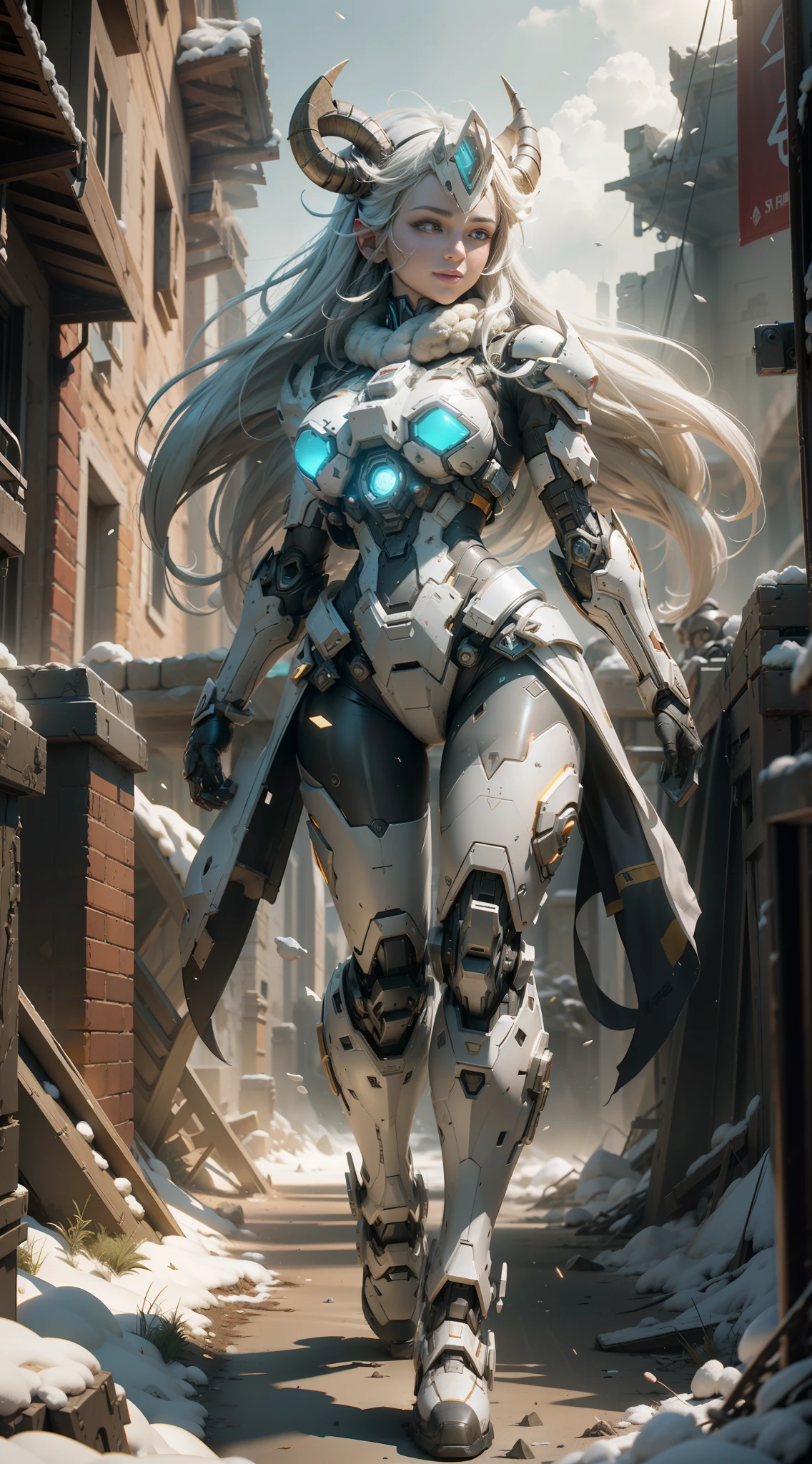 ((Best Quality)), ((Masterpiece)), (Very detailed: 1.3), 3D, Shitu-mecha, Full body, 1 beautiful woman, smiling, long hair, mech wearing white color scheme with horns on head, (mech with sheep wool decoration), ruins of cities in forgotten wars, ancient technology, HDR (High Dynamic Range), ray tracing, NVIDIA RTX, Super Resolution, Unreal 5, Subsurface scattering, PBR texture, Post processing, Anisotropic filtering, Depth of field, Maximum Clarity and Acutance, Multi-layer Textures, Albedo and Highlight Maps, Surface Shading, Accurate Simulation of Light-Material Interactions, Perfect Proportions, Octane Rendering, Two-tone Lighting, Low ISO, White Balance, Rule of Thirds, Wide Aperture, 8K RAW, High Efficiency Sub-Pixel, Subpixel Convolution, Luminous Particles, Light Scattering, Tyndall Effect