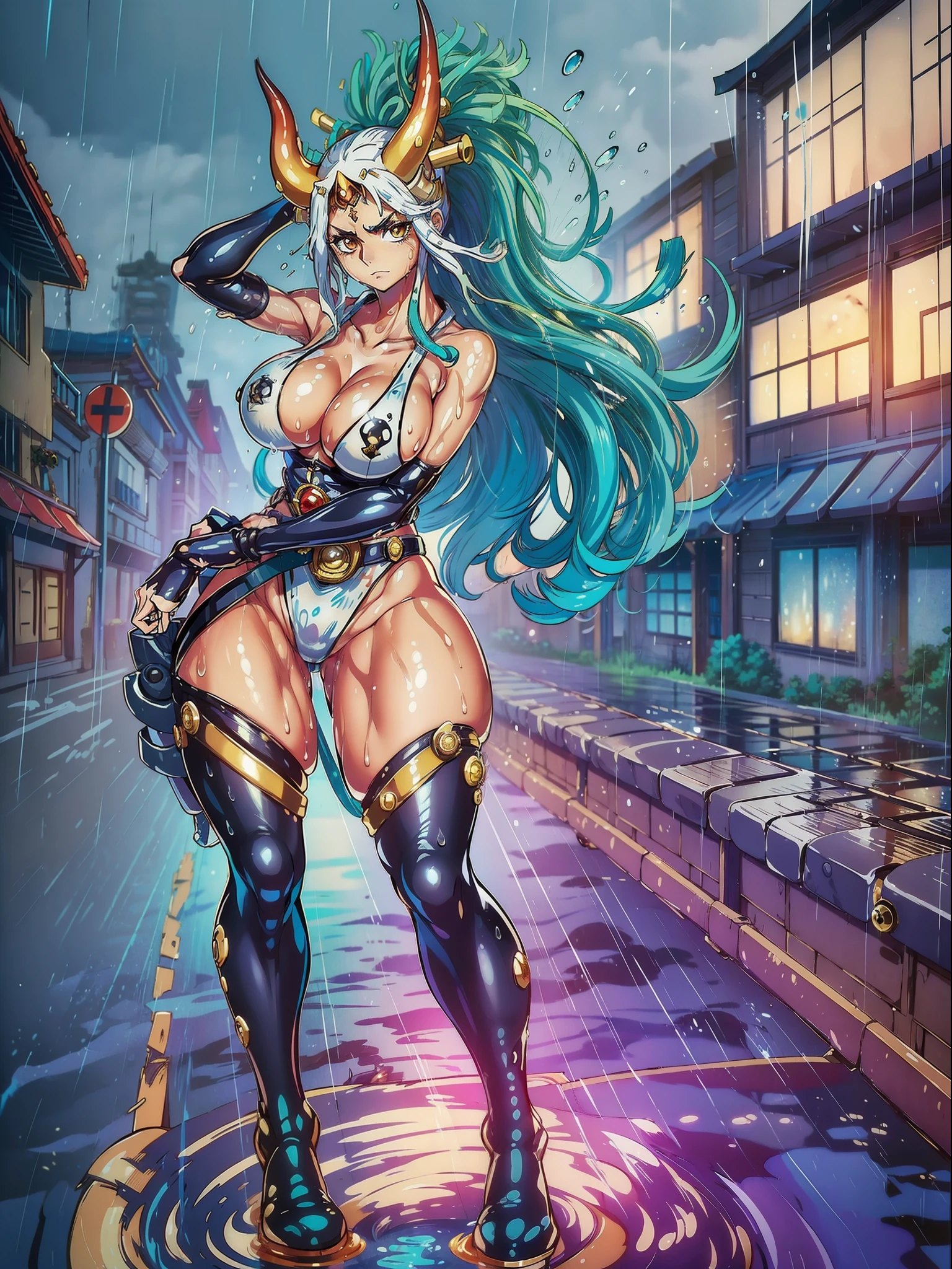 (full body:1.7) {yamato}, only {yamato} is this ((wearing black Kamen Rider costume with gold parts, with a round shiny jewel on her chest, with a belt, helmet on her head):1.3) ((extremely tight in the body, with a round jewel on the chest):1.3), only {yamato} ((has extremely large breasts):1.3), only {yamato} ((is looking at the viewer/look and face of hate, making heroic poses with her arms above her waist)), only {yamato} is standing, ((In an extremely destroyed futiristic city raining very strong, it's night, it's full of clouds)), only {yamato} ((she has her body/clothes all wet with water and her clothes are soaked):1.3), Kamen Rider, Tokusatsu, anime, anime style, cinematic lighting, 16k, highres, best quality, ((high details):1.3), UHD, ((masterpiece))