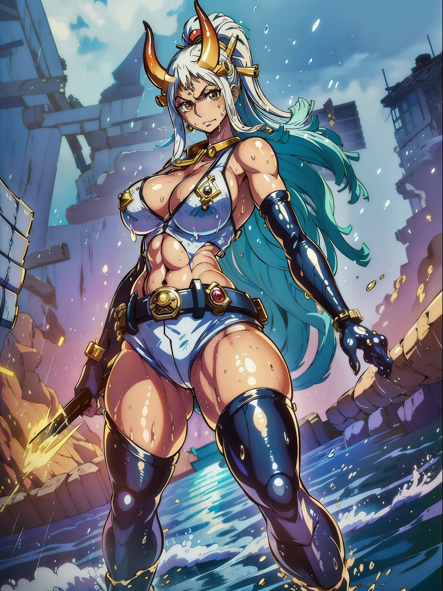(full body:1.7) {yamato}, only {yamato} is this ((wearing black Kamen Rider costume with gold parts, with a round shiny jewel on her chest, with a belt, helmet on her head):1.3) ((extremely tight in the body, with a round jewel on the chest):1.3), only {yamato} ((has extremely large breasts):1.3), only {yamato} ((is looking at the viewer/look and face of hate, making heroic poses with her arms above her waist)), only {yamato} is standing, ((In an extremely destroyed futiristic city raining very strong, it's night, it's full of clouds)), only {yamato} ((she has her body/clothes all wet with water and her clothes are soaked):1.3), Kamen Rider, Tokusatsu, anime, anime style, cinematic lighting, 16k, highres, best quality, ((high details):1.3), UHD, ((masterpiece))