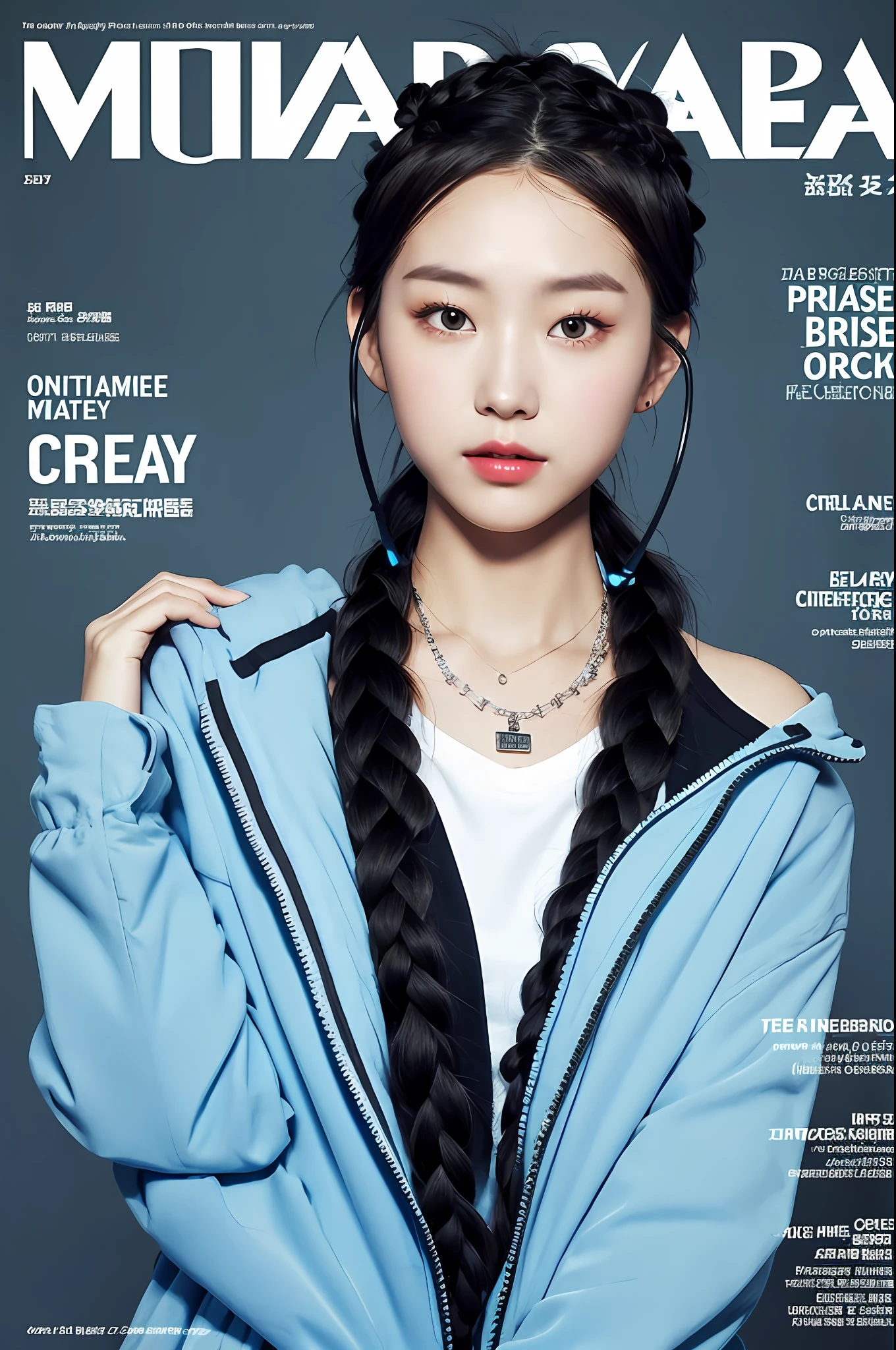 (magazine cover:1.3),ulzzang-6500, (realistic: 1.3) (original: 1.2), masterpiece, best quality, beautiful clean face, fullbody, 1woman, (wearing black and white and cobalt scifi techmask and headphones with complex electronics), wearing black techwear jacket and orange trousers with buckle and tape, (crystal necklace), posing for a picture, (white braided bun hair),