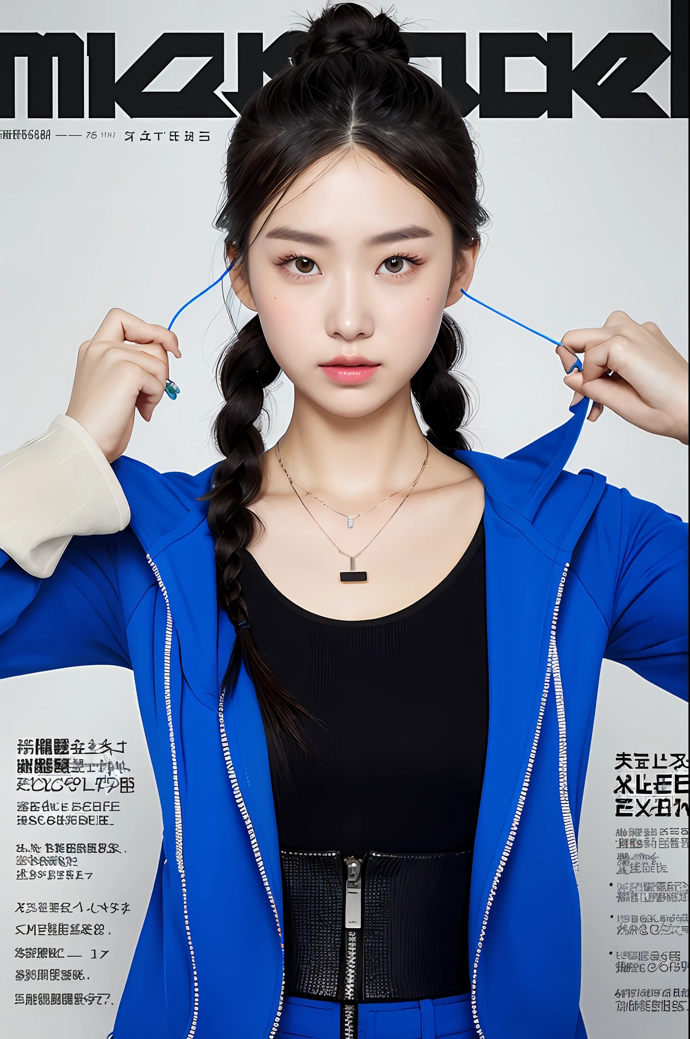 (magazine cover:1.3),ulzzang-6500, (realistic: 1.3) (original: 1.2), masterpiece, best quality, beautiful clean face, fullbody, 1woman, (wearing black and white and cobalt scifi techmask and headphones with complex electronics), wearing black techwear jacket and orange trousers with buckle and tape, (crystal necklace), posing for a picture, (white braided bun hair),