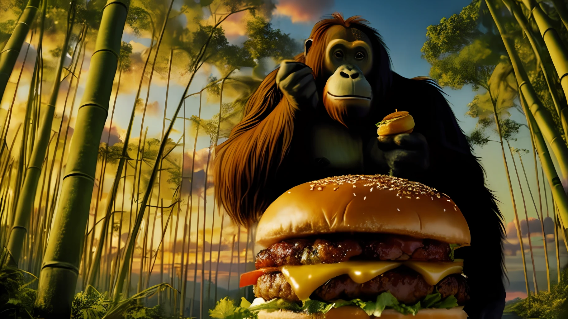 Orangutan climbing on a giant cheeseburger in bamboo forest, mega detail, hyperreal, HD, 8k