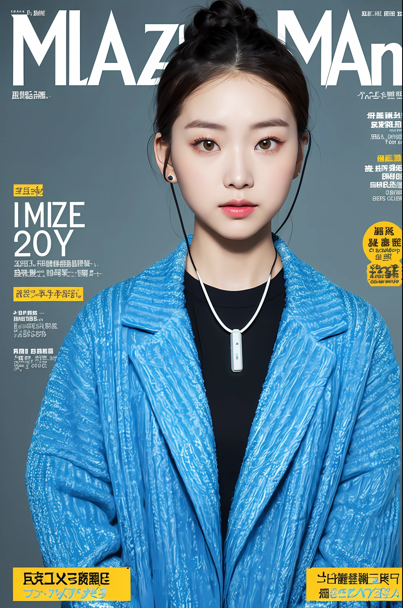 (magazine cover:1.3),ulzzang-6500, (realistic: 1.3) (original: 1.2), masterpiece, best quality, beautiful clean face, fullbody, 1woman, (wearing black and white and cobalt scifi techmask and headphones with complex electronics), wearing black techwear jacket and orange trousers with buckle and tape, (crystal necklace), posing for a picture, (white braided bun hair),