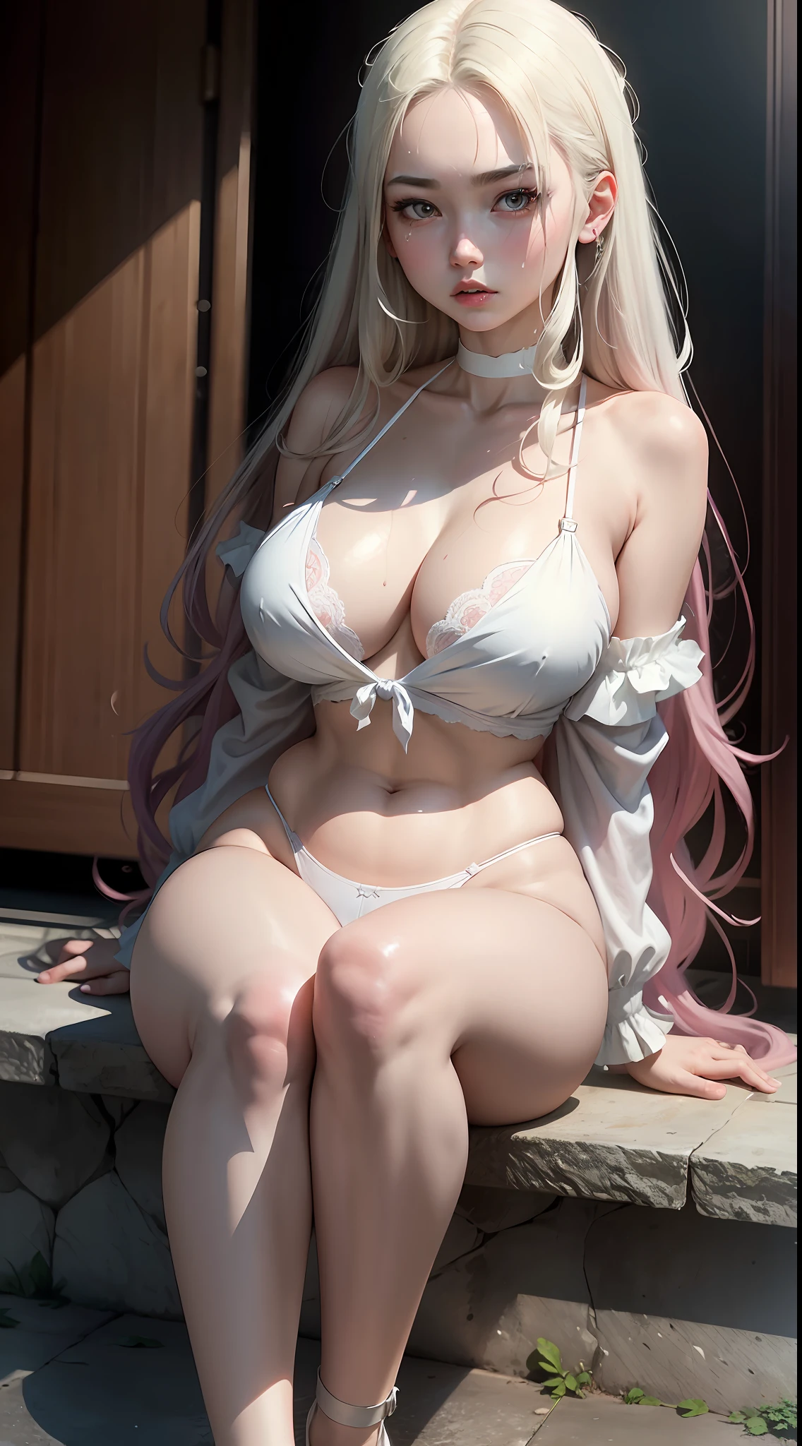 1girl, pale skin asian, young, white long hair, thick eyebrow, blue eye, mole below one eye, thick viscous cream all over face and legs, open blouse, pink panty, huge breasts, small waist, wide thighs, thigh gap, sitting on ground, bra on ground, side view, shot from below, photorealistic, masterpiece, highres, super details, 16k