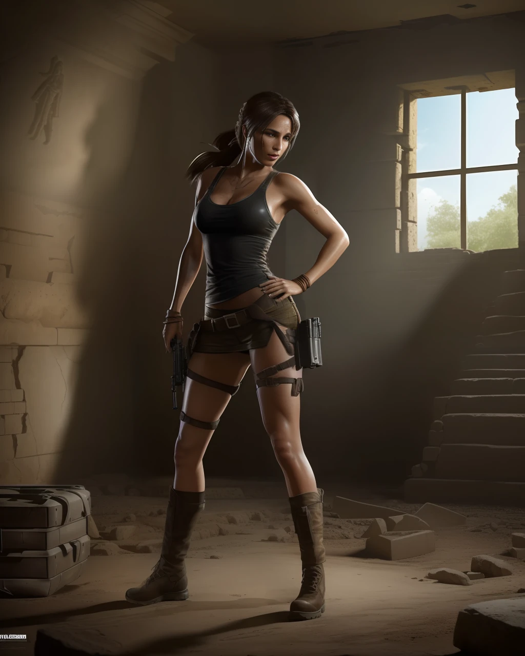 (extremely high quality CG rendering),(best illumination, best shadow, ultra-detailed),(Lara Croft),(dynamic pose),(her two pistols),(accurate anatomy and body proportions),(dark and gritty mood),(dynamics in hair and clothing),(vivid spotlight effect),(archaeological site),(ancient artifact),(dangerous environment),(adventure-packed).