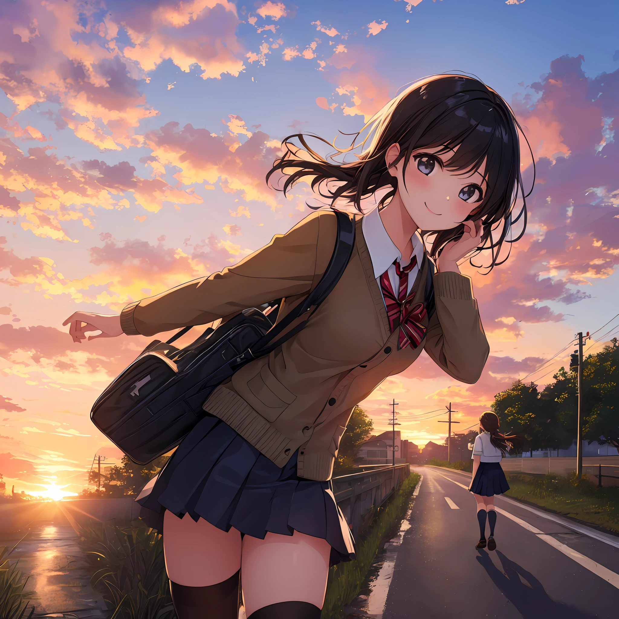 absurdres, absolutely resolution, incredibly absurdres, highres, ultra detailed, official art, unity 8k wallpaper, Kinetic Typography
BREAK
(1girl:1.4), solo, dynamic poses, dynamic angle, cowboy shot, upper body
BREAK
school uniform, silhouette, scenery, outdoors, sky, sunset, cloud, power lines, grass, railroad tracks, building, utility pole, sign, ground vehicle, (road, walking street:1.4), smile, bag
BREAK
depth of field, bokeh, lens flare
BREAK
nice hands, perfect hands,