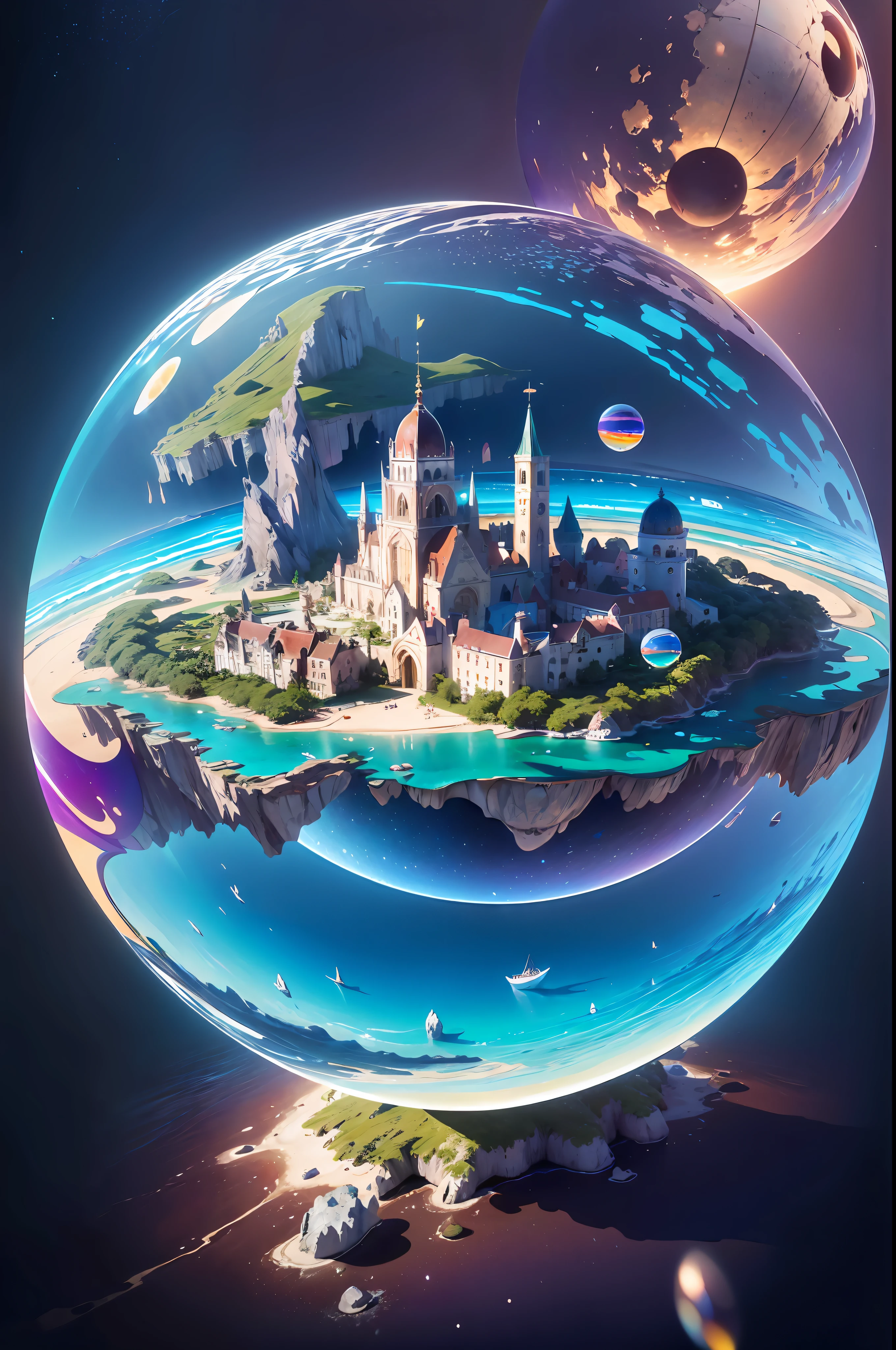 mini\(ttp\), (8k, RAW photo, best quality, masterpiece:1.2), colorful background, clean background, depth of field,  (((islands floating in the air))), (((suspended in the air))), magical,  miniature, isometric, in Crystal ball,