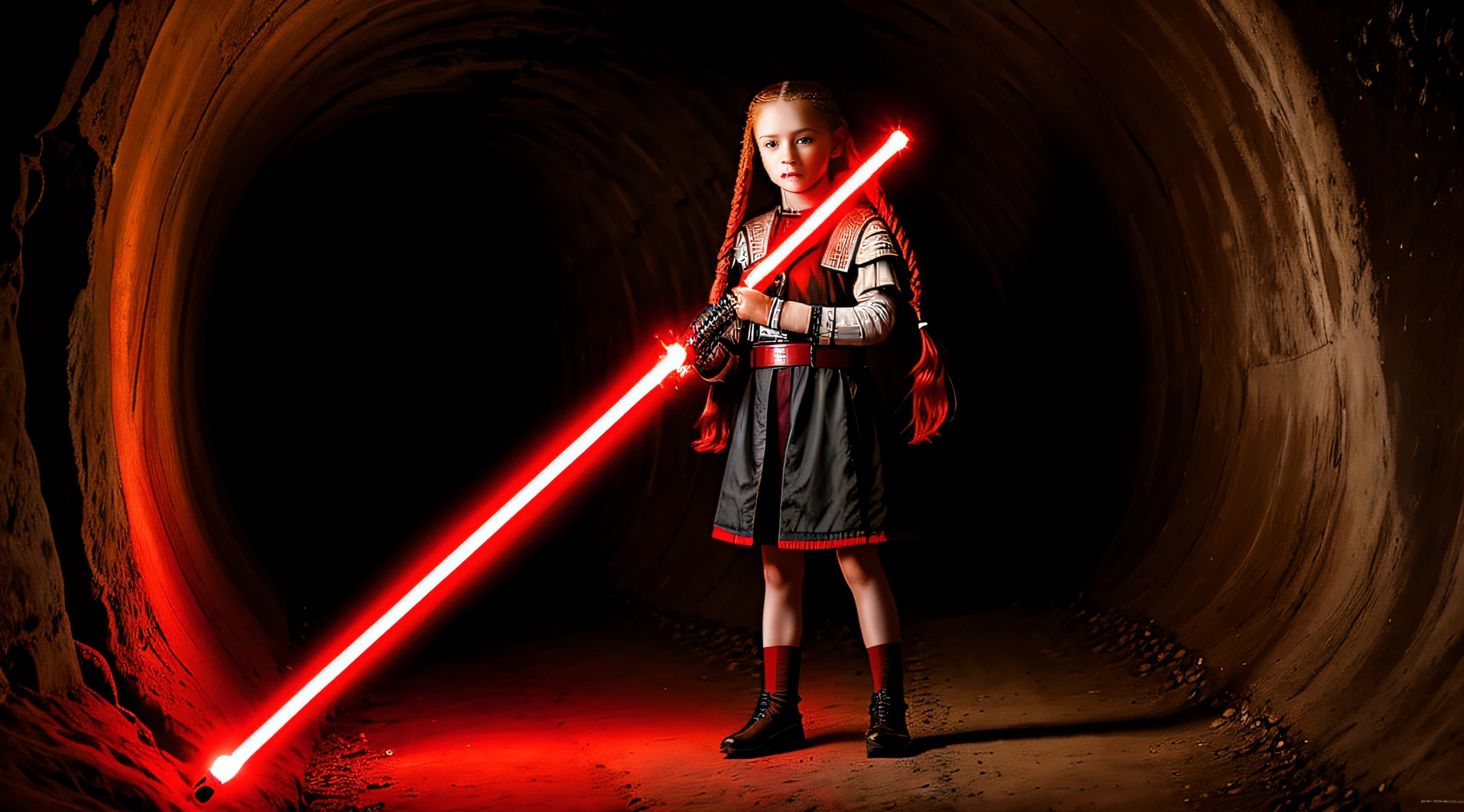 RUSSIAN CHILD GIRL WITH WITH LONG STRAIGHT RED HAIR WITH BRAIDS , PORTRAIT STYLE , CLOSEUP standing in a tunnel with a red lightsaber, 4K lightsaber wallpaper, digital art