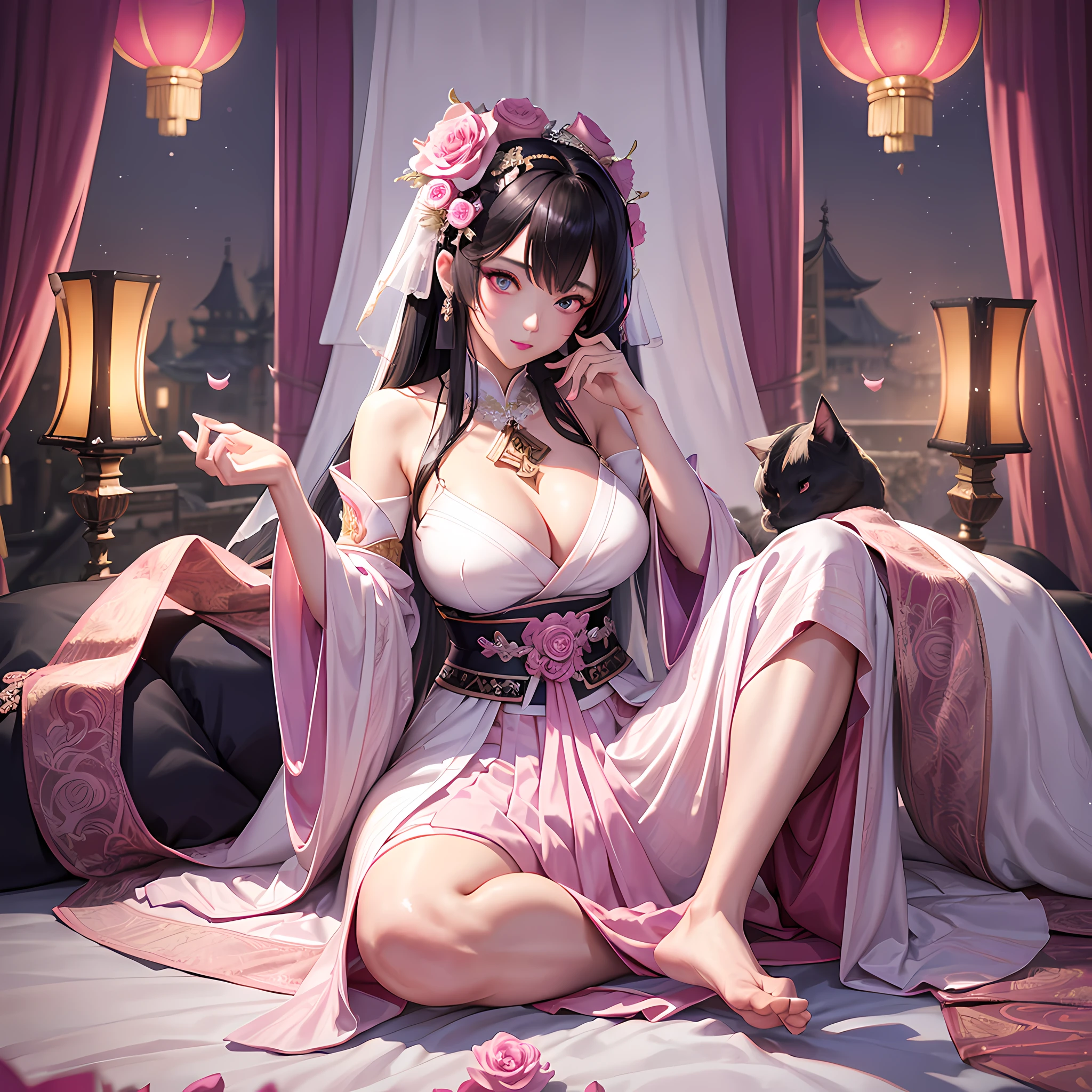 nighttime,full body,Genshin Impact:Yae Miko,(((Wearing palace wedding dress, Long skirt, large hem,Fabric: Chiffon ))), in Pink Rose Castle, Masterpiece,best quality,extremely detailed 3DCG, Cinema-4D ,8k,Photorealistic, ( ##tattoo ##,tattoo, ~+ tattoo), (erfect female curves),(A seductive gaze), Facing the camera, Pink lips,Blacklight lighting,