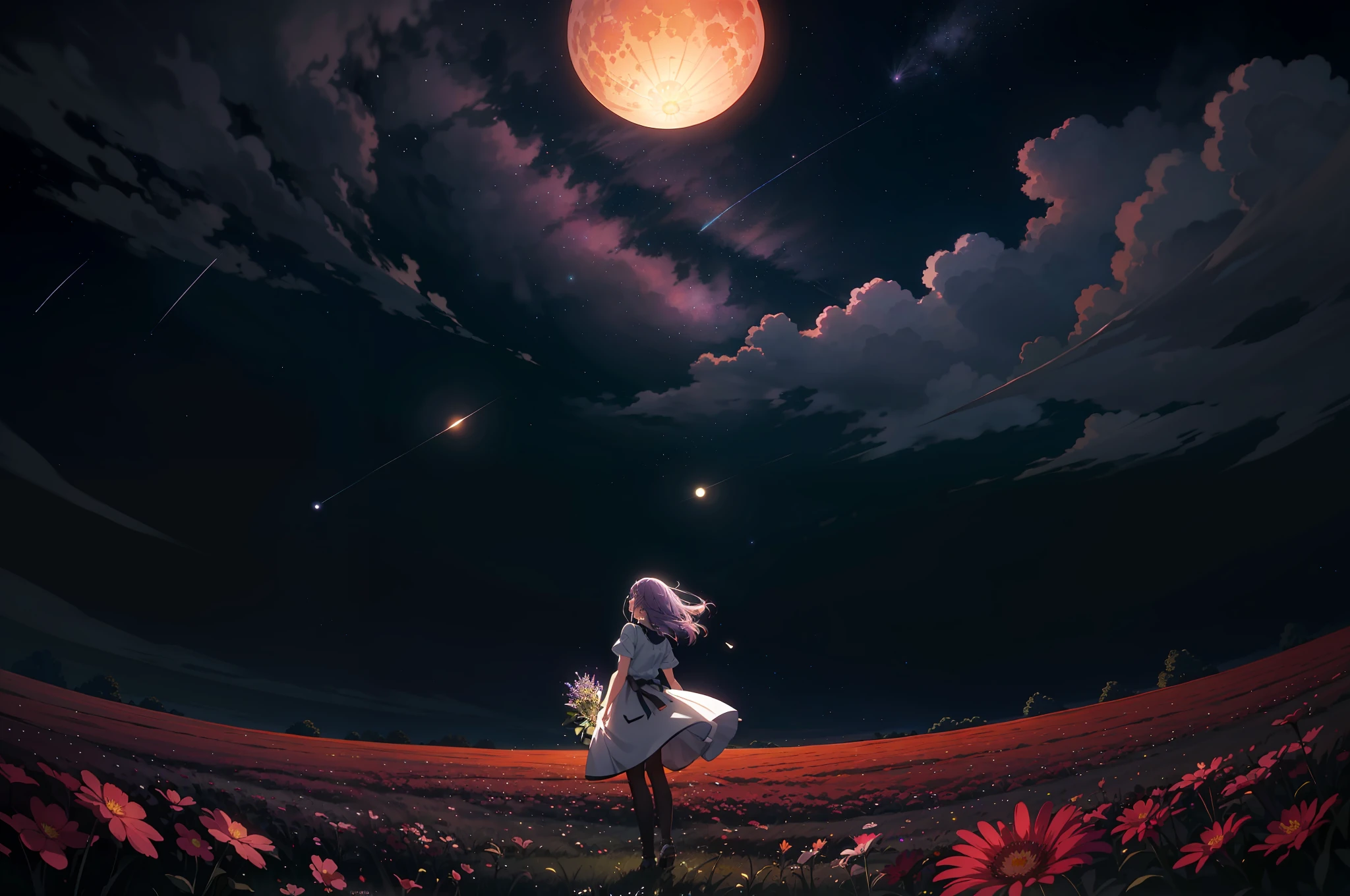 An expansive landscape photograph seen from below, with starry sky and full moon above, and a flowery field below, with a girl in the field looking up at the sky, vertical image using volumetric lighting, high details of the starry sky, high details of the flowery field, purple and orange lights, anime-style, using an 8k resolution