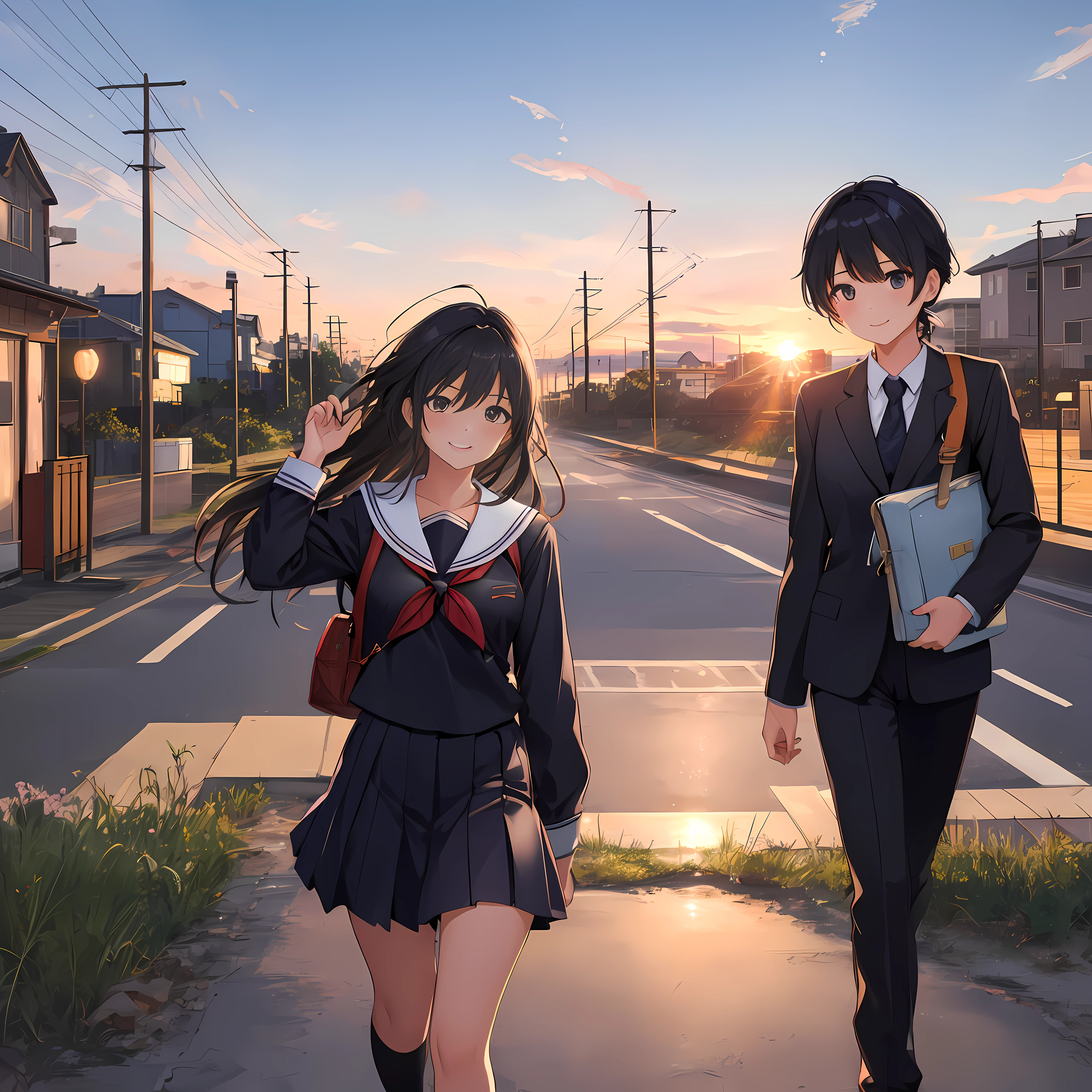 absurdres, absolutely resolution, incredibly absurdres, highres, ultra detailed, official art, unity 8k wallpaper, Kinetic Typography
BREAK
(1girl:1.4), solo, dynamic poses, dynamic angle, cowboy shot, upper body
BREAK
school uniform, silhouette, scenery, outdoors, sky, sunset, cloud, power lines, grass, railroad tracks, building, utility pole, sign, ground vehicle, (road, walking street:1.4), smile, bag
BREAK
depth of field, bokeh, lens flare
BREAK
nice hands, perfect hands,