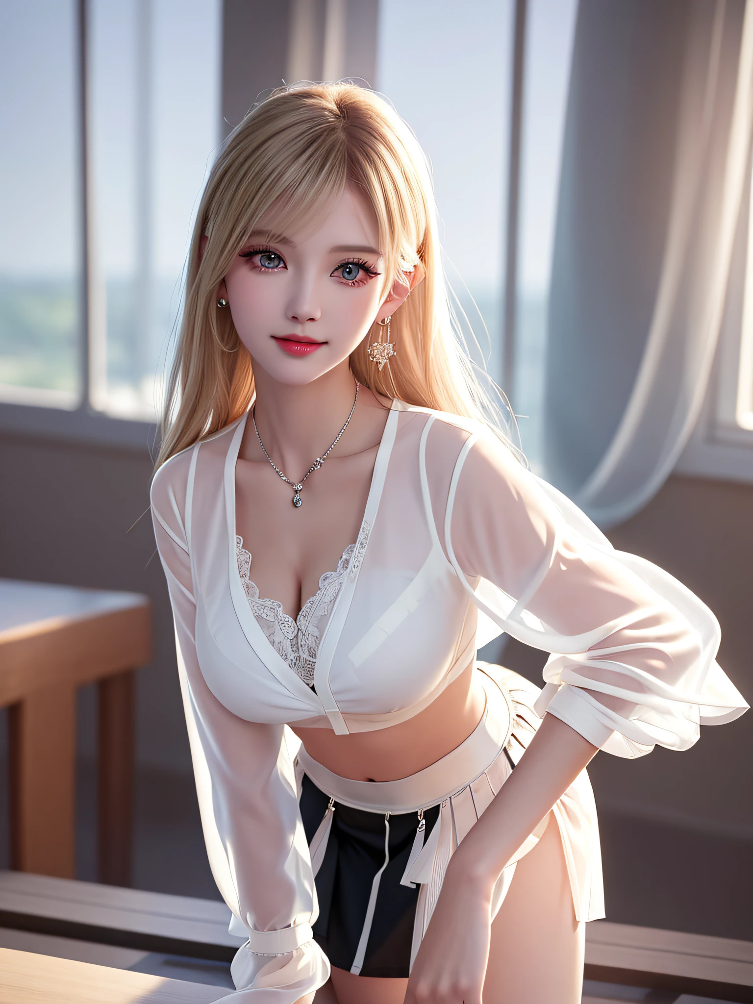 Female Teacher Standing in Classroom v6, Necklace, Earrings, Full Body V6, Long Gray Hair, Translucent Clothes, Visible, Superb, Ultra High Definition, RAW Photo, Realism 1.25), (Bright Lip Gloss, Long Eyelashes, Smooth) Face, Light Bright, Natural Shadows, Wide Light, Wide Light, Depth of Field, Strong Color, Subtle Caulstics: 0.8), Smile, (Big), v6, There are windows showing various buildings in the city (absurdity, high resolution, super detail), smile, (big), v6 ((Adriaan Honig))) girl with blonde hair and blue eyes, beautiful, thin ((white sheer blouse, black silk underwear, underwear bite, sexy pose, lower body slender, back figure, gaze window side, buttocks sticking out, ((on all fours)), buttocks facing away, (( ( White sheer blouse, black mini flared skirt)), no bra, underwear bite, sexy