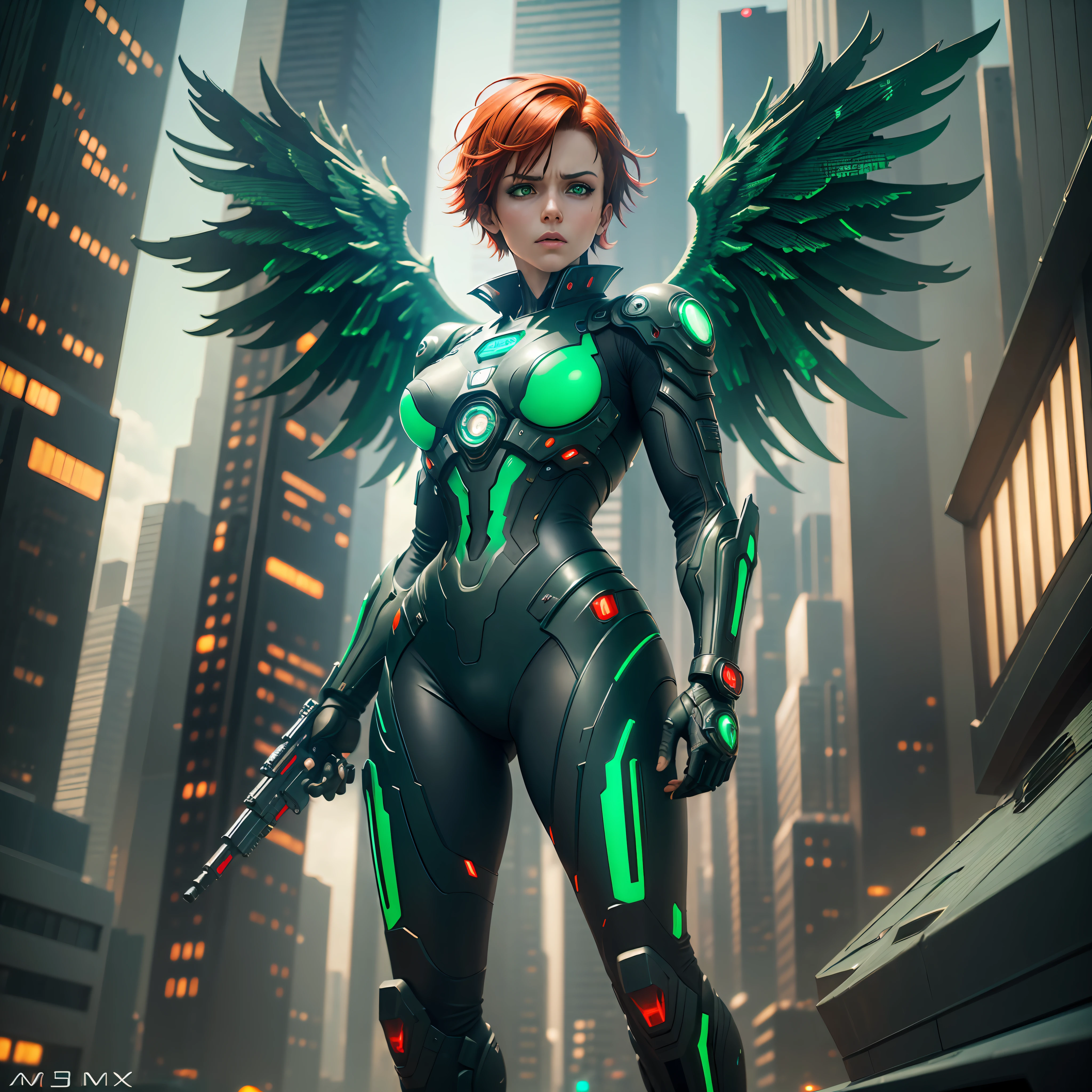 Masterpiece, high quality, ultra realistic, cyberpunk angel, mechanic wings, short red hair, detailed futuristic suit, cinematic shot, anger expression, ((almond green eyes)), futuristic cityscape as background, HDR, octane render, 8k, best quality, live action --auto --s2