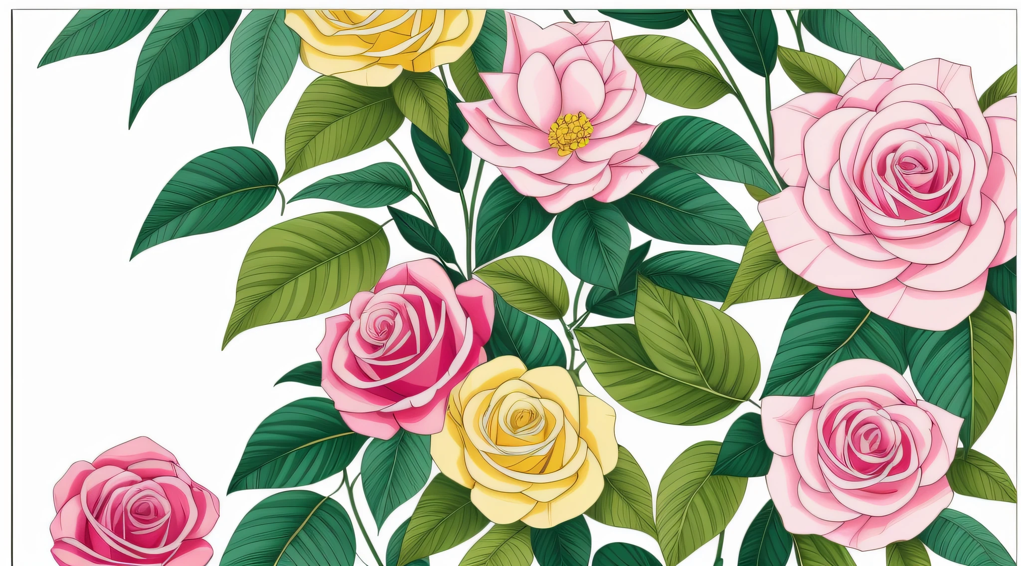 imagen plana rosas colombianas decoradas con hojas, white background colors 5 colors do not degrade Sharp expression of lines the whole design must be finished including the sheets in the assigned size, Full HD 8K --auto --s2