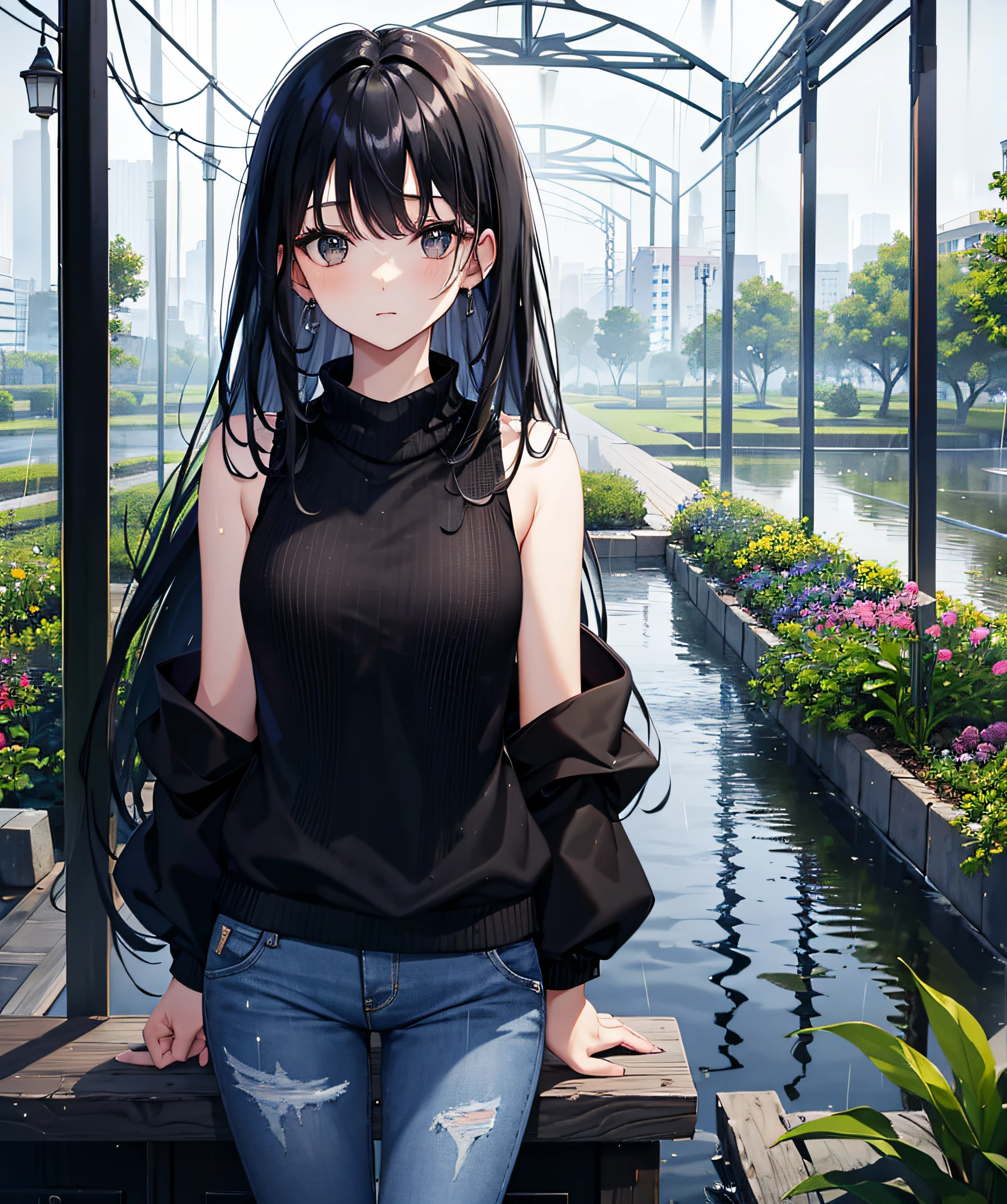 ((Best Quality)), Black Hair, Black Eyes, Alone, Cloudy Sky, Rain, Japan Garden, Pond, Jeans, Long Hair, Sleeveless Knit, Bangs Bangs Bangs