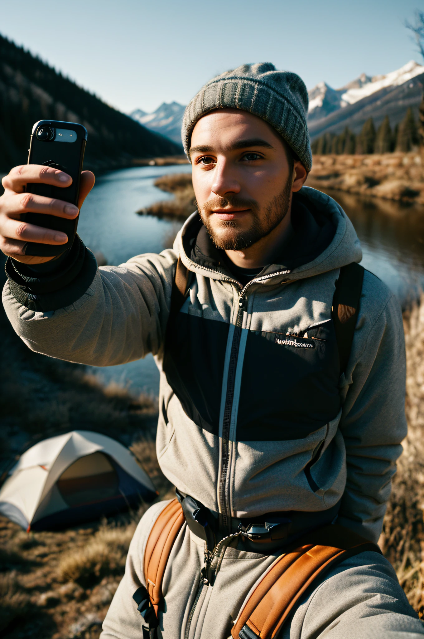 1 man((upper body selfie, happy)), masterpiece, best quality, ultra-detailed,  solo, outdoors, (night), mountains, nature, (stars, moon)   cheerful, happy, backpack, sleeping bag, camping stove, water bottle, mountain boots, gloves, sweater, hat, flashlight, forest, rocks, river, wood, smoke, shadows, contrast, clear sky,
analog style (look at viewer:1.2)  (skin texture)
(film grain:1.3), (warm hue, warm tone)