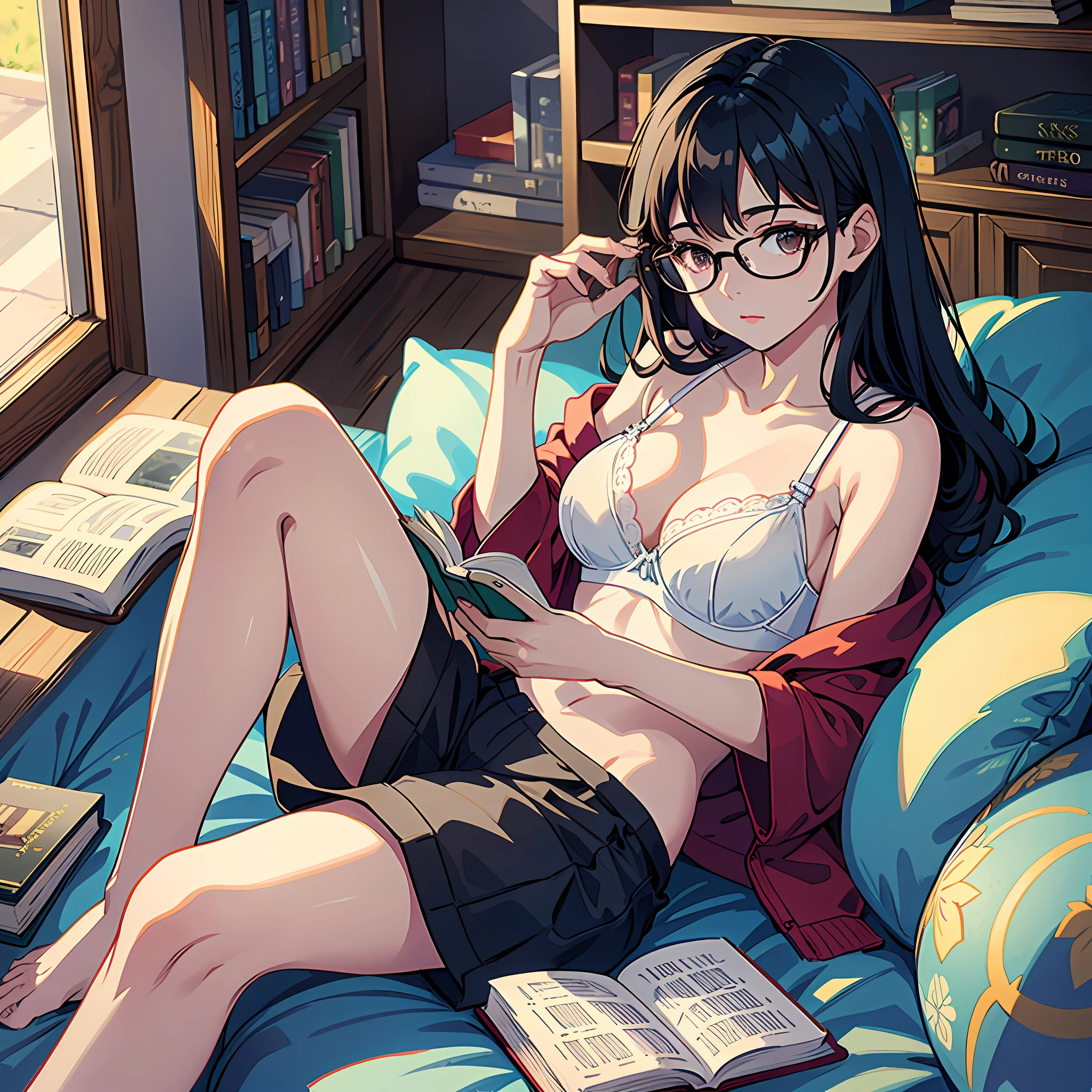 Pretty bra, 8K, best quality, black hair, long hair, glasses, reading a book,