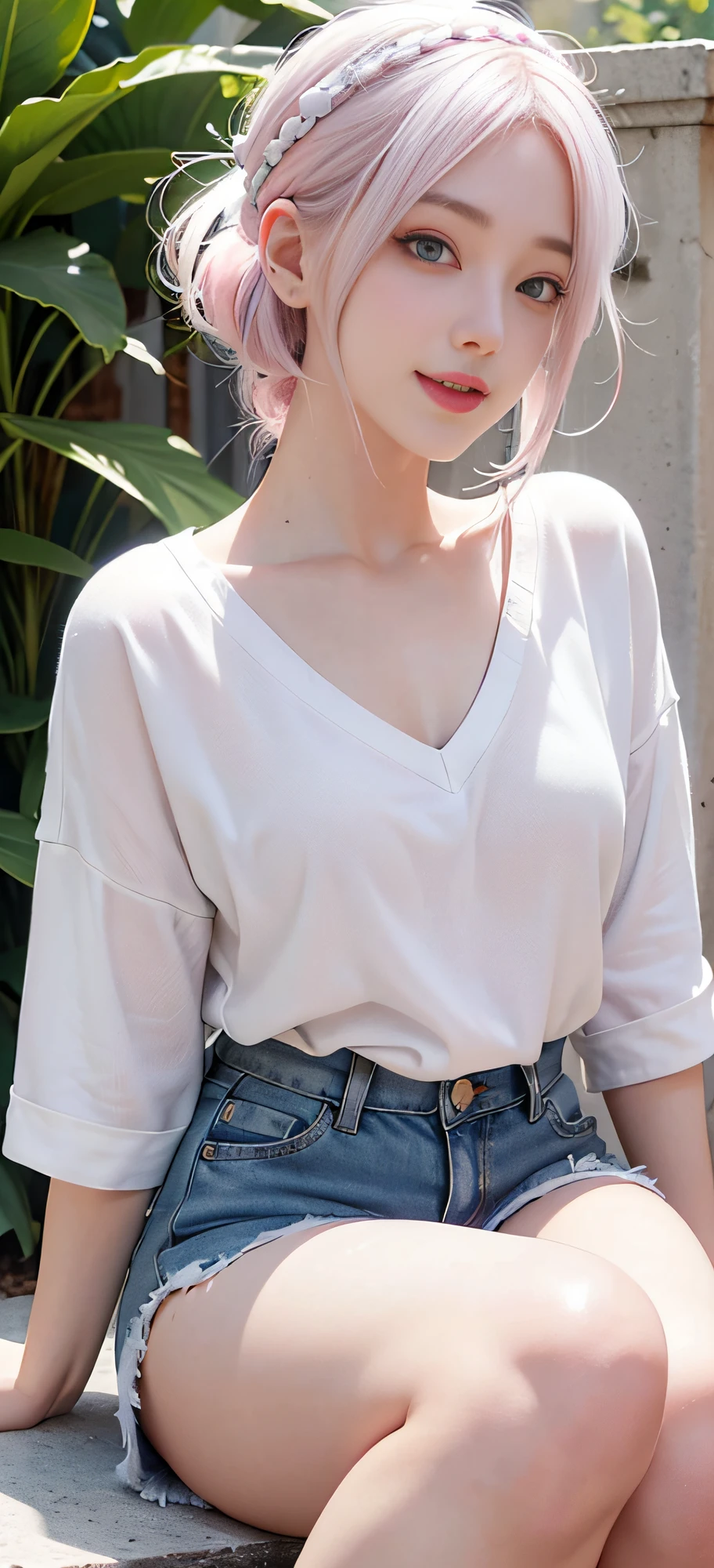realistic, high resolution, 1 girl, white hair gradient pink hair cap, korean, smile, heterochromic eyes, small moles under the eyes, loose shirt, gray sweat shorts, big breasts, thighs, ancient and reality combined, water, (flower) winding, dragon, streamer, light and shadow,