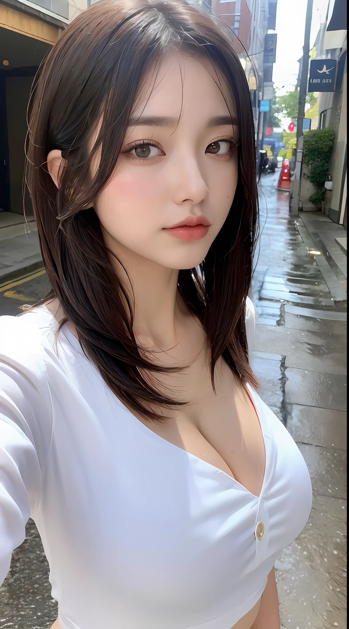 ((Best Quality, 8K, Masterpiece: 1.3)), Sharp: 1.2, Perfect Body Beauty: 1.4, Slim Abs: 1.2, ((Layered Hairstyle, Big Breasts: 1.2)), (Wet White Button Short Shirt: 1.1), (Rain, Street: 1.2), Wet: 1.5, Highly detailed face and skin texture, detailed eyes, double eyelids, side face looking at the camera