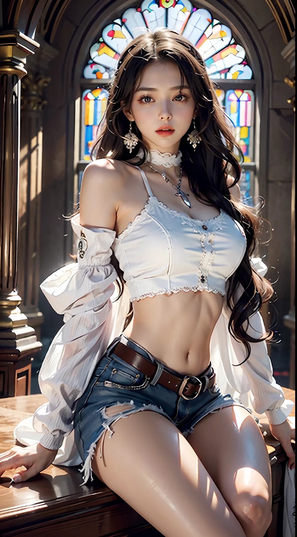 Beautiful girl, purple eyes, white curly wavy head, jacket, crop top sleeves, bare shoulders, navel, straight chest, low-rise ultra-short jeans, black knee-length socks, white high-heeled booties, silver necklace, hoop earrings, leg loop straps, shoulder belt, bracelet, glazed, church glazed windows, (very delicate and beautiful), delicate background, (masterpiece) (highest quality), (masterpiece), epic composition, splendid temple, 8k, Tyndall effect, meticulous background, exquisite composition