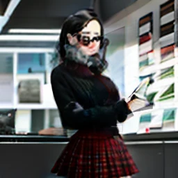Woman black hair, medium long, affiliated eyes and glasses, black clothes, gray plaid skirt, red sweater, black tights in office with a black cat