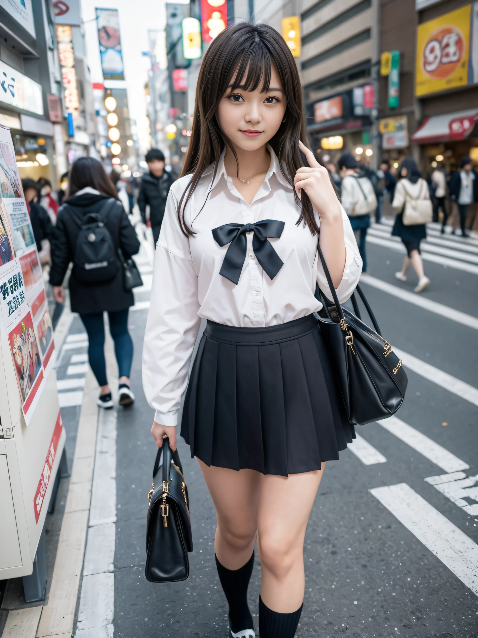 Top Quality, Masterpiece, Ultra High Resolution, (Photorealistic: 1.4), Highly Detailed CG Unity 8k Wallpaper, Detailed and Complex, Original, High Resolution, Raw Photos, (Perfect Body Shape), Finely Complex, DSLR, Soft Lighting, High Quality, Film Grain, Leica Camera, 50mm Lens, Backlight, HDR, Hyperrealistic, Color Grade, Dynamic pose, Japan person, smile, lips, bangs, (crowded Akihabara: 1.2), front view viewer, natural light, girl, 20 years old, full body, solo, high school, student, uniform, sailor color, bobby socks, pleated skirt, daytime, street, deep shadow, cute, beauty, discreet, cold light 12000K \ Street, store status, Akihabara, Shinjuku, Shibuya