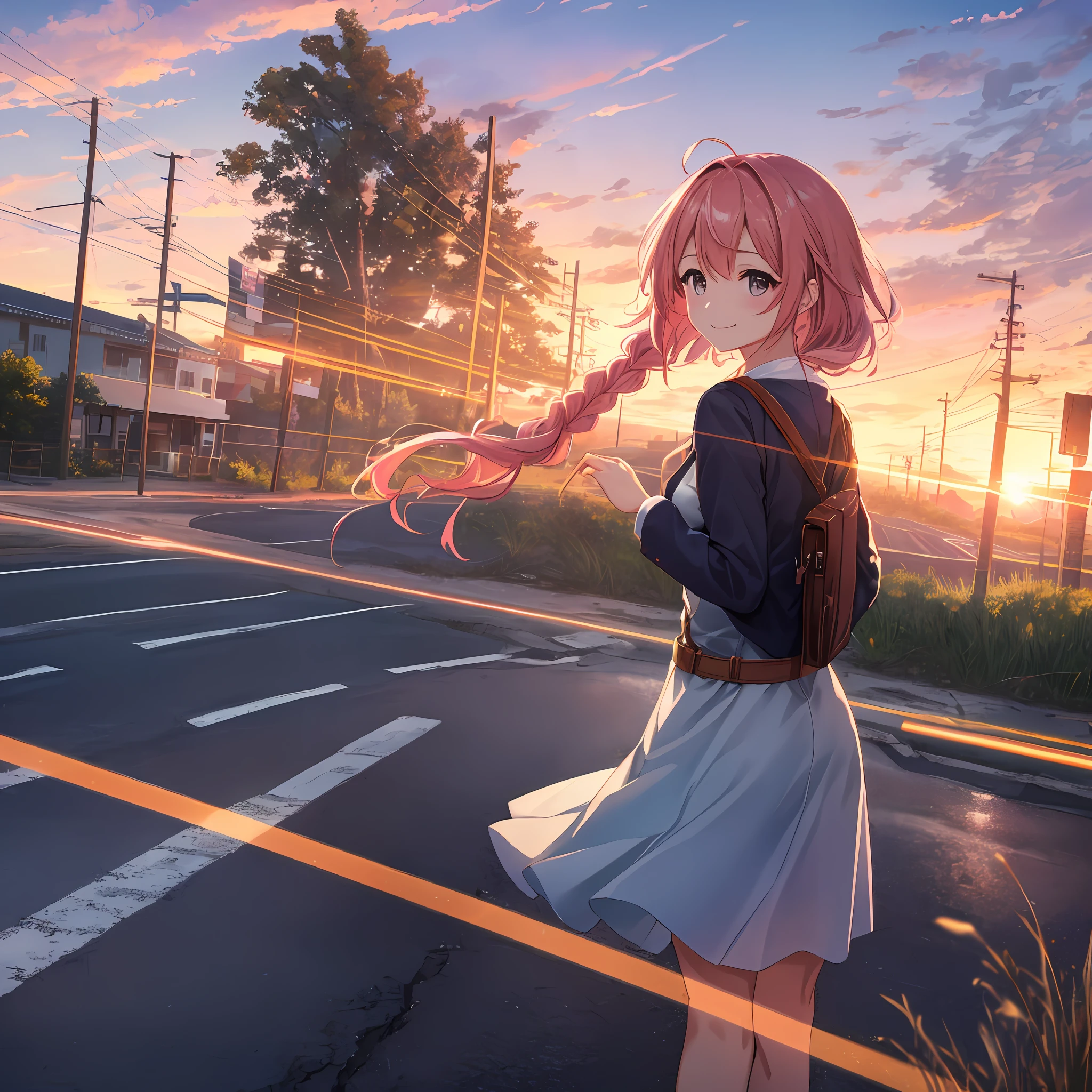 absurdity, absolutely resolution, incredibly ridiculous, high resolution, ultra detail, official art, Unity 8k wallpaper, kinetic typography
break
(1 girl: 1.4), Braid, pink hair, solo, Dynamic pose, Dynamic angle, Cowboy shot, Upper body
break
naked, silhouette, landscape, outdoors, sky, sunset, cloud, power line, grass, railroad tracks, building, telephone pole, sign, ground vehicle, (road, pedestrian road:1.4), smile, bag
break
Depth of field, bokeh, lens flare
break
nice hands, perfect hands,