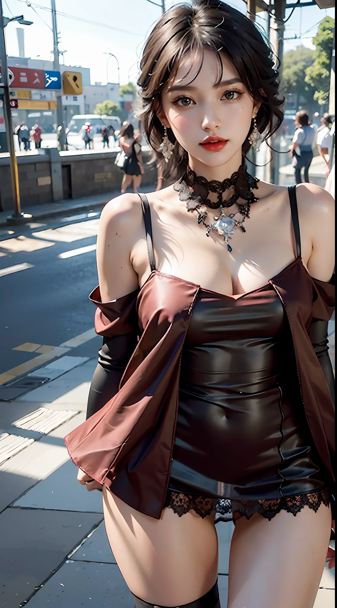 "Top CG, highest quality, masterpiece, delicate and delicate beautiful girl, fair skin, perfect facial features, close-up facial features, bright eyes, red lips, delicate smile, beautiful and heroic, necklace, lace cutout collar, earrings, black hair, sparkling, see-through visible skin, red long coat on the upper body, transparent plastic deep V-neck T-shirt inside, chest revealed, close-up chest revealed, lower body wearing mesh short skirt, 4k picture quality, urban beauty, modern city, lace openwork socks, realism, city, train station, Tanabata Festival, standing pose, stroll, motion capture, shopping, wide-angle lens, left leg thigh lace tie
