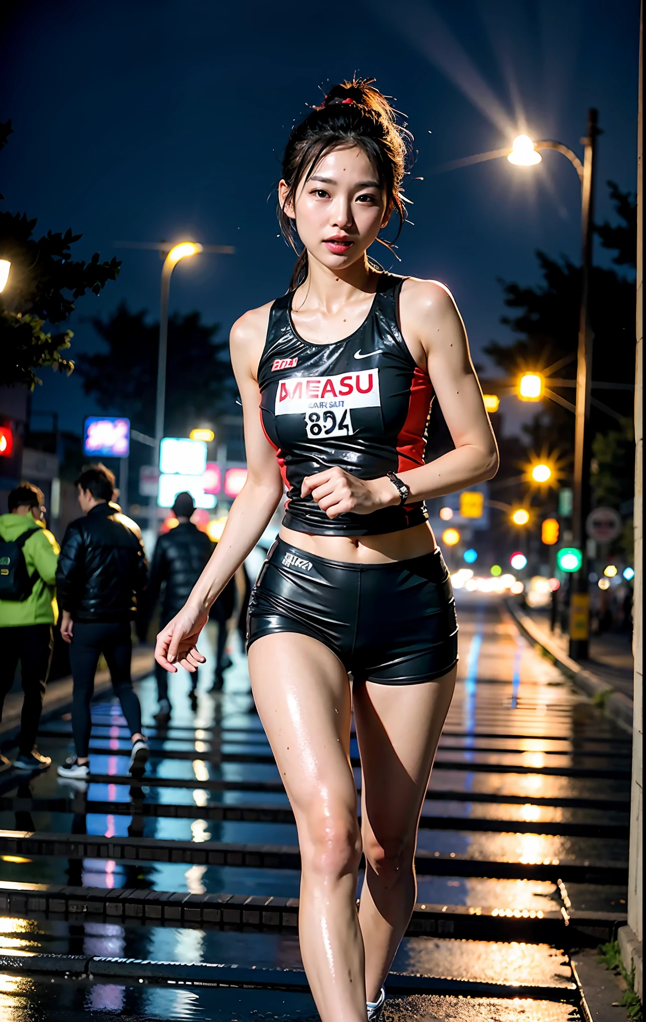 （8K、RAW photos、maximum quality、masterpiece ,：1.2）、（Realistic、photorealistic：1.37）、（Closed Mouse）、（8K）、（maximum quality）、（maximum quality）、（masterpiece ,：1.2）、（real）、（ultradetailed）、1 Japan、solo、run、Woman running in the rain、street、knight、sportswear、short shorts、seethrough、Wet and see-through clothing、Street Lights、marathon、（Cutes）、Fit、smail、Wearing sweat、wet skin、Night Street、Professional lighting、Light on the face、Depth Of Field、Running Pose、night、Light on the face、HDR、Ordinary hands、
 （（8K、RAW photos、maximum quality、masterpiece ,）、High Definition RAW Color Photo Professional Photography、（Realism、photorialism：1.37）、（maximum quality）、（Best Shadows）、（best illustration）、Ultra high resolution、physically-based rendering、cinematic lighting
