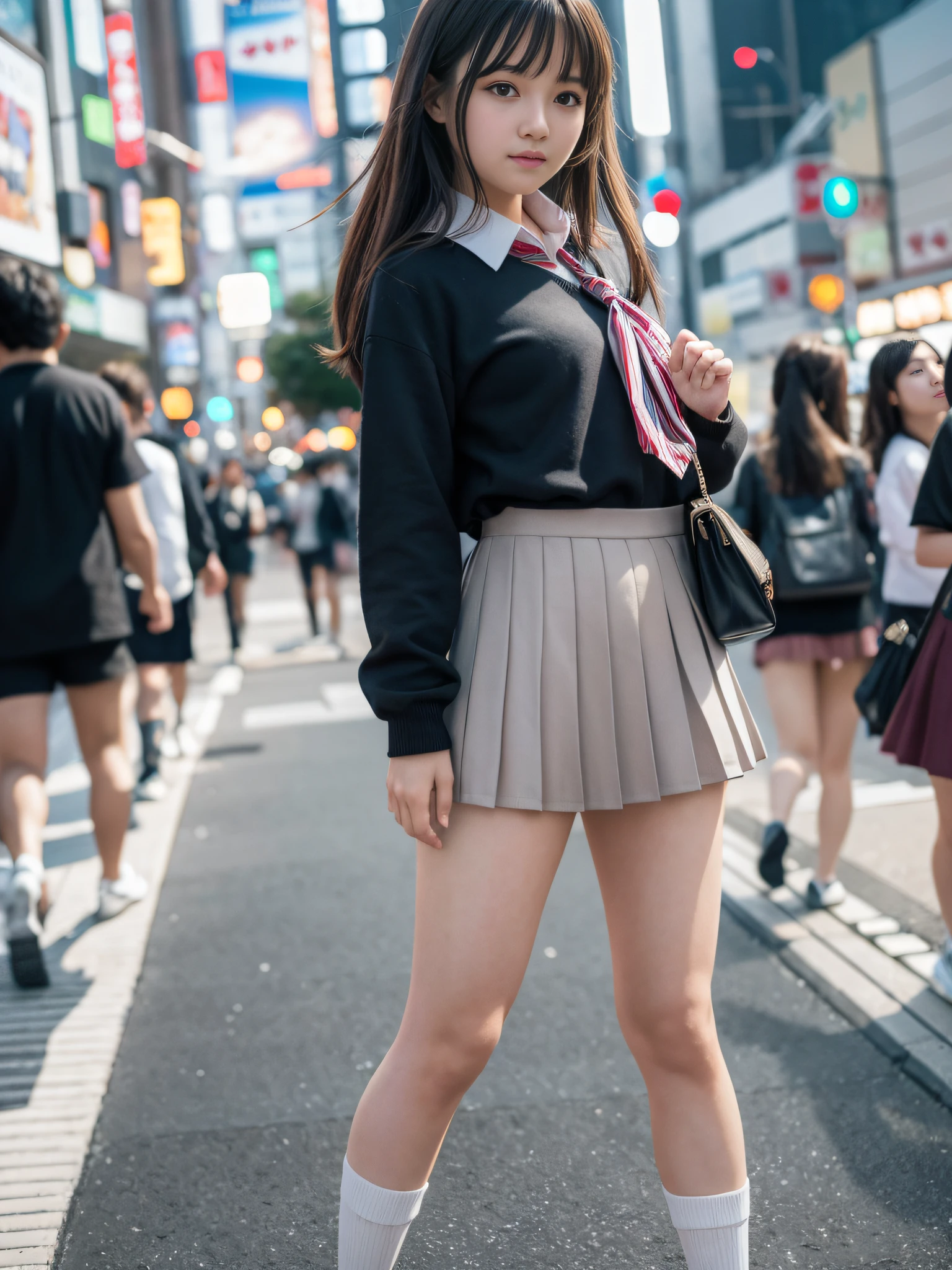 Top Quality, Masterpiece, Ultra High Resolution, (Photorealistic: 1.4), Highly Detailed CG Unity 8k Wallpaper, Detailed and Complex, Original, High Resolution, Raw Photos, (Perfect Body Shape), Finely Complex, DSLR, Soft Lighting, High Quality, Film Grain, Leica Camera, 50mm Lens, Backlight, HDR, Hyperrealistic, Color Grade, Dynamic pose, Japan person, smile, lips, bangs, (crowded Akihabara: 1.2), front view viewer, natural light, girl, 20 years old, full body, solo, high school, student, uniform, sailor color, bobby socks, pleated skirt, daytime, street, deep shadow, cute, beauty, discreet, cold light 12000K \ Street, store status, Akihabara, Shinjuku, Shibuya