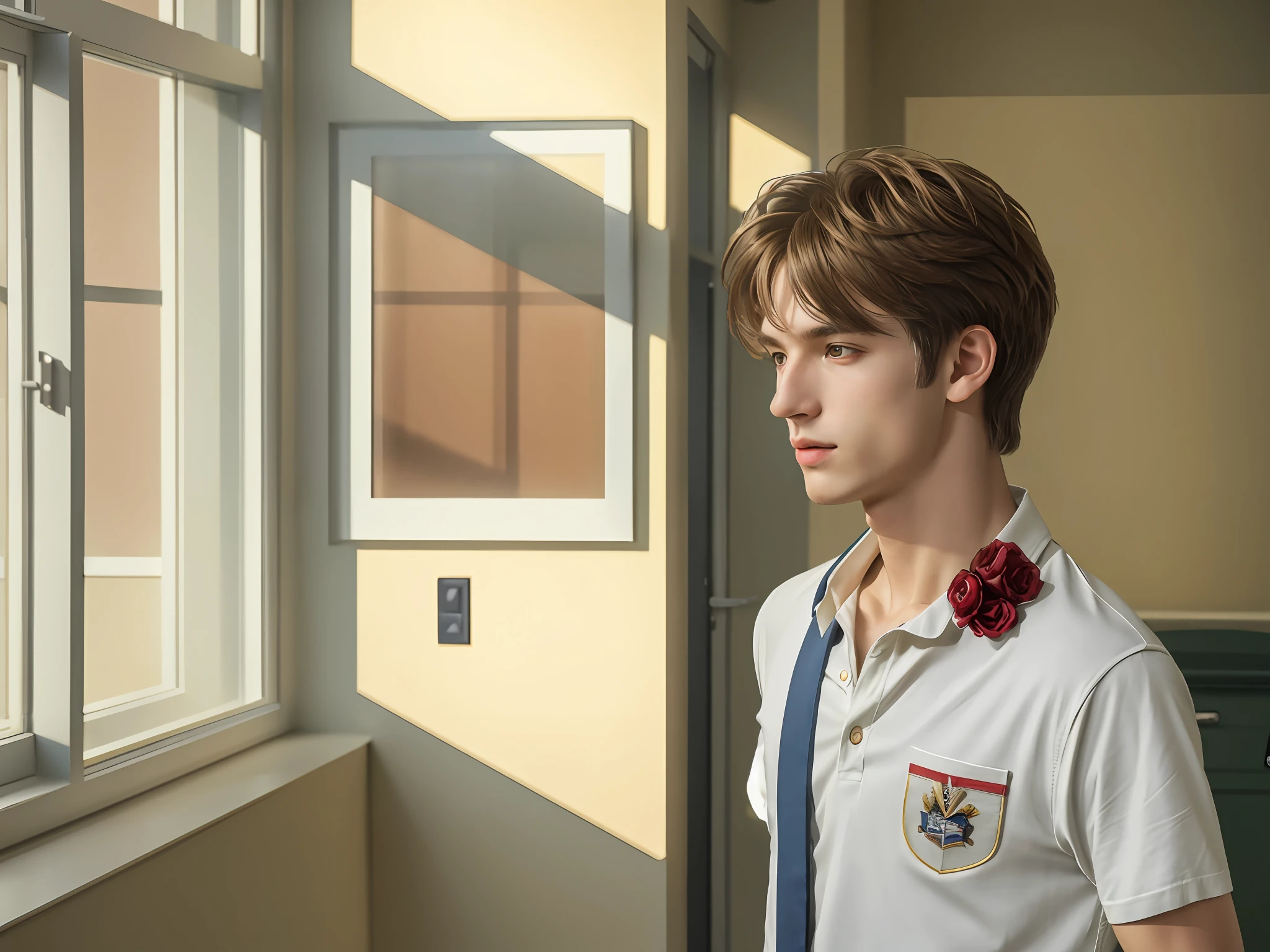 There is a young man standing in the hallway looking out the window, (8k, RAW photo, best quality, mastery:1), (realistic, photo-realistic:1), ultra-detailed, (high detailed skin:1), 8k uhd, dslr, soft light, thin, high quality, film grain, male idol, school background.