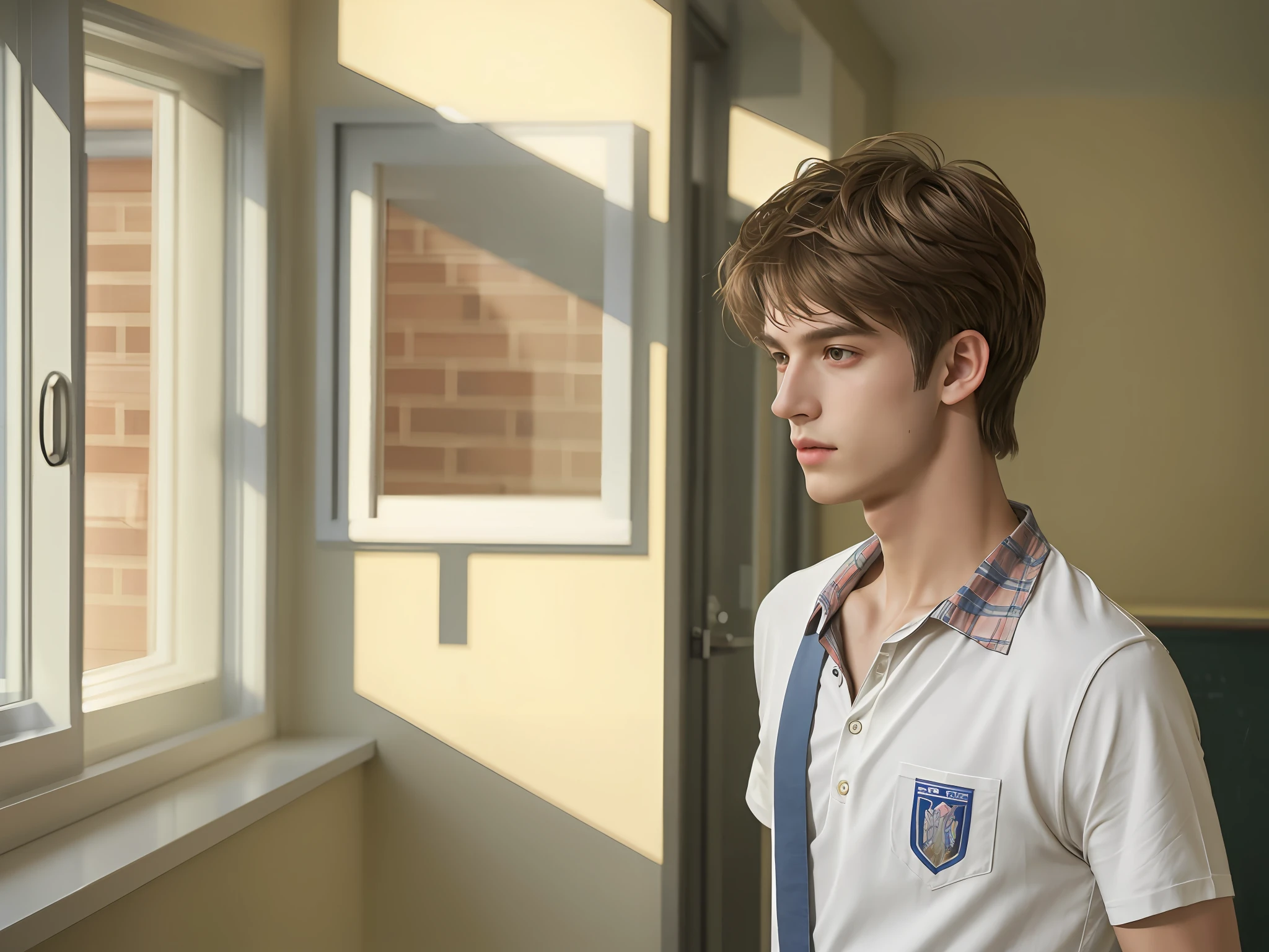 There is a young man standing in the hallway looking out the window, (8k, RAW photo, best quality, mastery:1), (realistic, photo-realistic:1), ultra-detailed, (high detailed skin:1), 8k uhd, dslr, soft light, thin, high quality, film grain, male idol, school background.