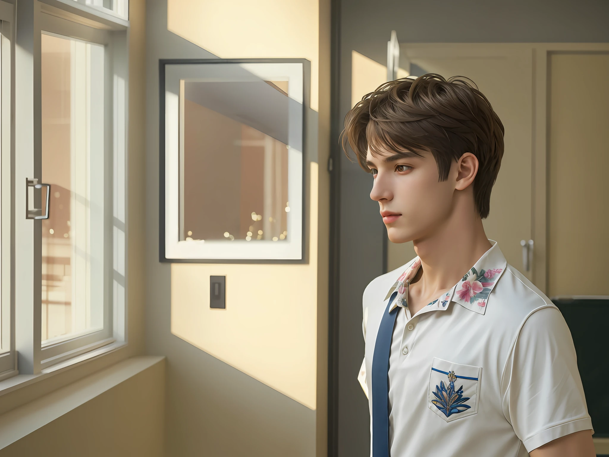There is a young man standing in the hallway looking out the window, (8k, RAW photo, best quality, mastery:1), (realistic, photo-realistic:1), ultra-detailed, (high detailed skin:1), 8k uhd, dslr, soft light, thin, high quality, film grain, male idol, school background.
