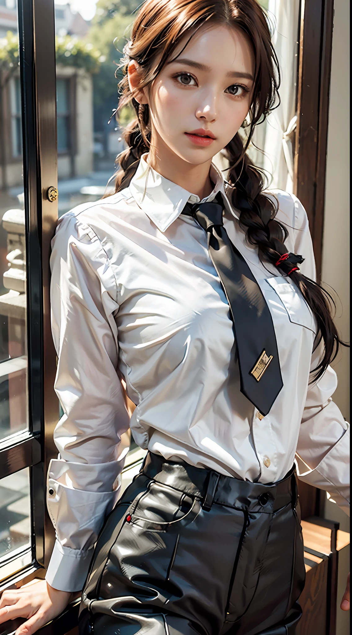 detailed shiny skin, (realistic, photo-realistic:1.4), a pretty girl, standing, looking out of window, white shirt, collared shirt, black necktie, black trousers, long sleeves, slight smile (nose blush), yellow eyes + ringed eyes, short hair + red hair + long braided hair, makima \(chainsaw man\)
