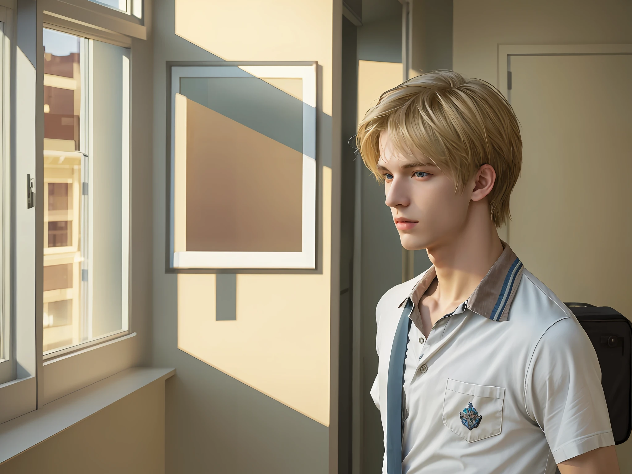 There is a young man standing in the hallway looking out the window, (8k, RAW photo, best quality, mastery:1), (realistic, photo-realistic:1), ultra-detailed, (high detailed skin:1), 8k uhd, dslr, soft light, high quality, film grain, blonde boy, male idol, cityscape background