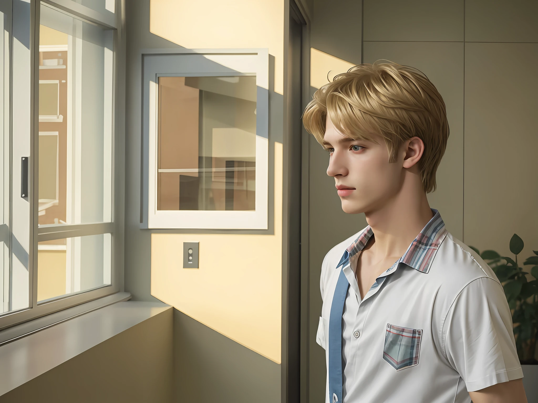 There is a young man standing in the hallway looking out the window, (8k, RAW photo, best quality, mastery:1), (realistic, photo-realistic:1), ultra-detailed, (high detailed skin:1), 8k uhd, dslr, soft light, high quality, film grain, blonde boy, male idol, cityscape background