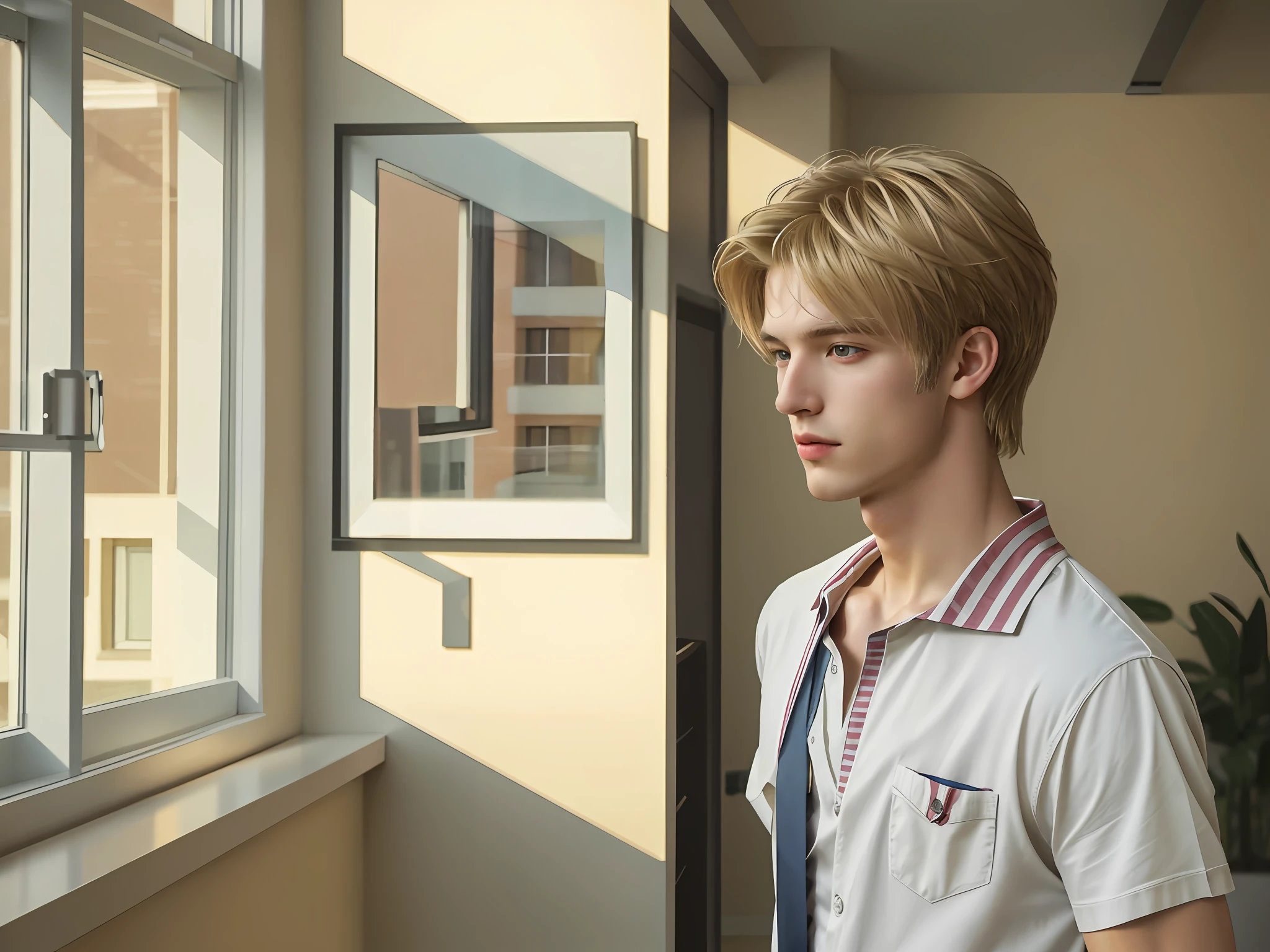 There is a young man standing in the hallway looking out the window, (8k, RAW photo, best quality, mastery:1), (realistic, photo-realistic:1), ultra-detailed, (high detailed skin:1), 8k uhd, dslr, soft light, high quality, film grain, blonde boy, male idol, cityscape background