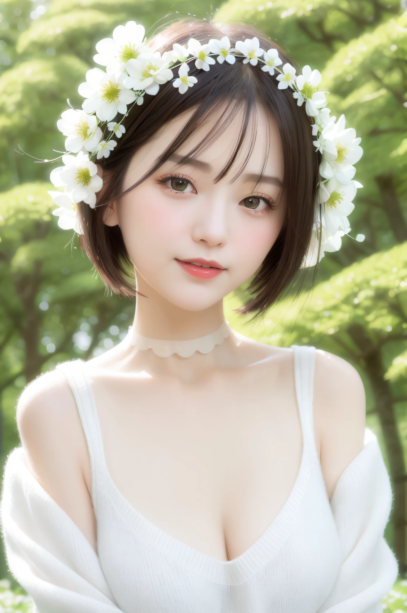 A japanese woman stands in a park where white clover blooms all around, a forest can be seen in the background, exquisite and beautiful face, exquisite collarbone, seductive and delicate collarbone, charming A japanese woman stands in a park where white clover blooms all around, a forest can be seen in the background, exquisite and beautiful face, exquisite collarbone, seductive and delicate collarbone, charming fragrant shoulders, shoulders slightly exposed, open-shoulder long sweater,sky blue sweater, pretty face, peach Red lips, tender and smooth skin,(white skin:1.6),black hair,(bob hair:1.2), short hair,(smile:1.2),smile with teeth, white teeth,realistic details, ultra-high resolution,bokeh,pigeon chest, full body