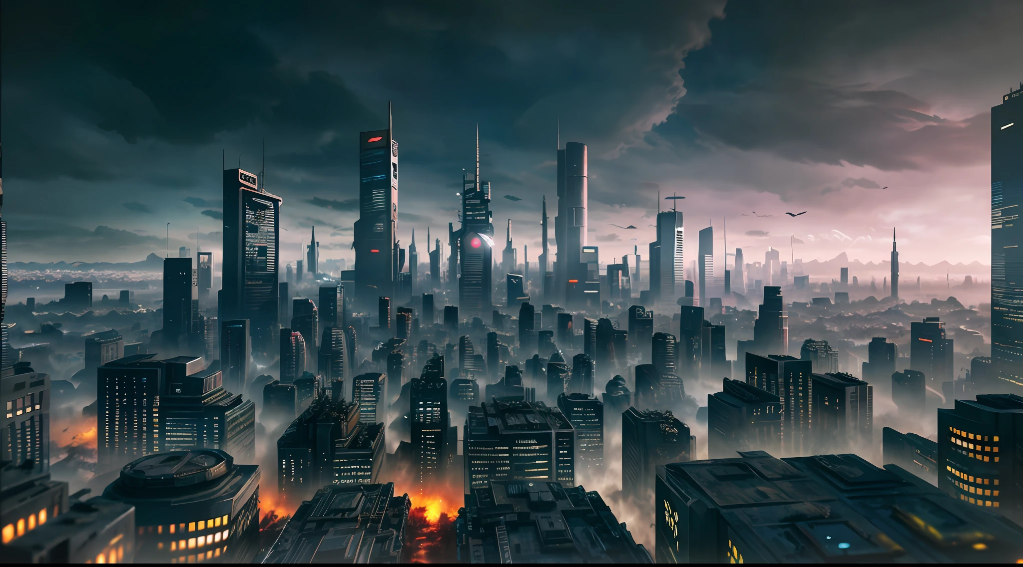 decaying and dystopian futuristic cityscape (vibrant, photorealistic, realistic, hyperrealism, insanely detailed, dramatic, dark, sharp focus, 8k)
