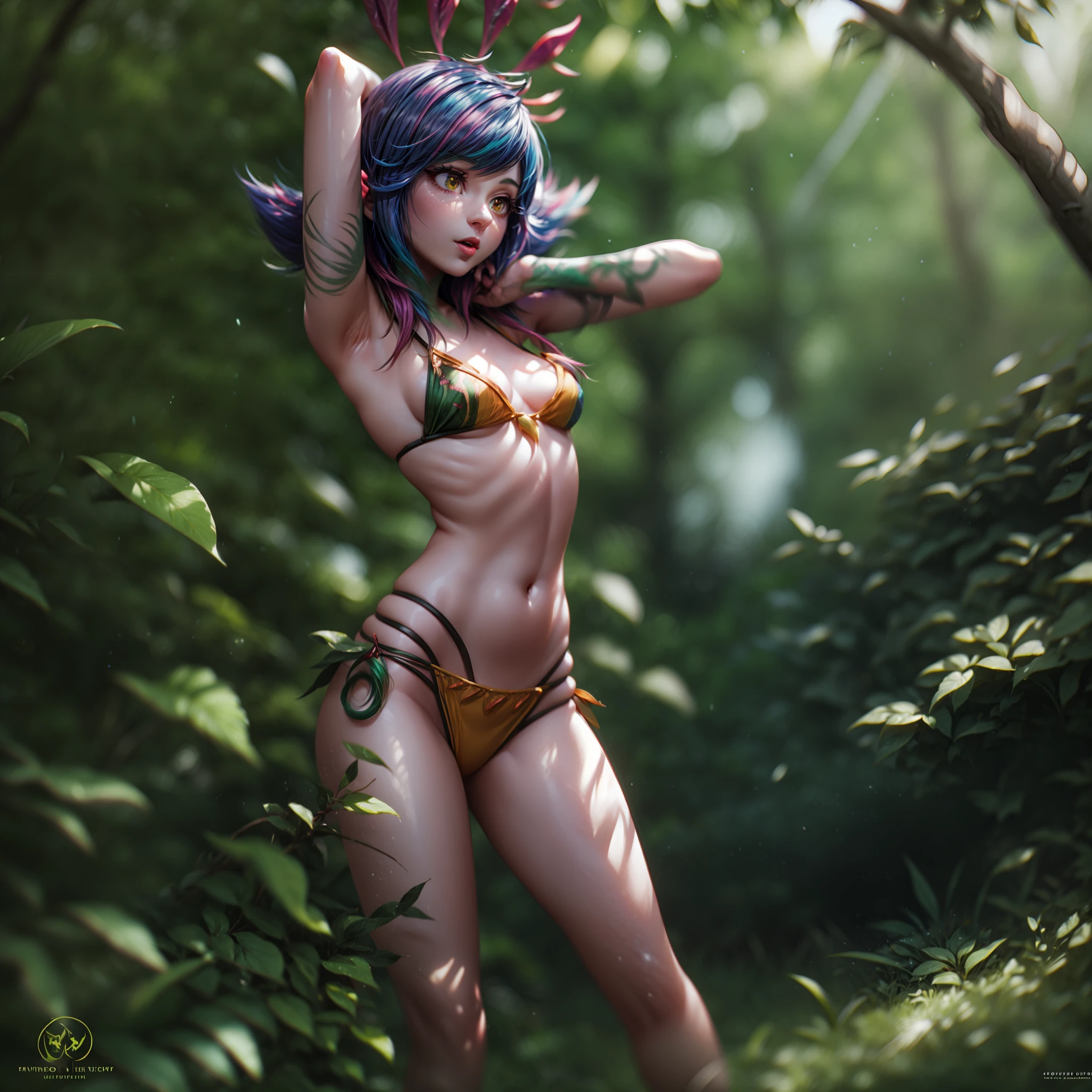 neeko, in the forest, sunshine, small breasts, action pose