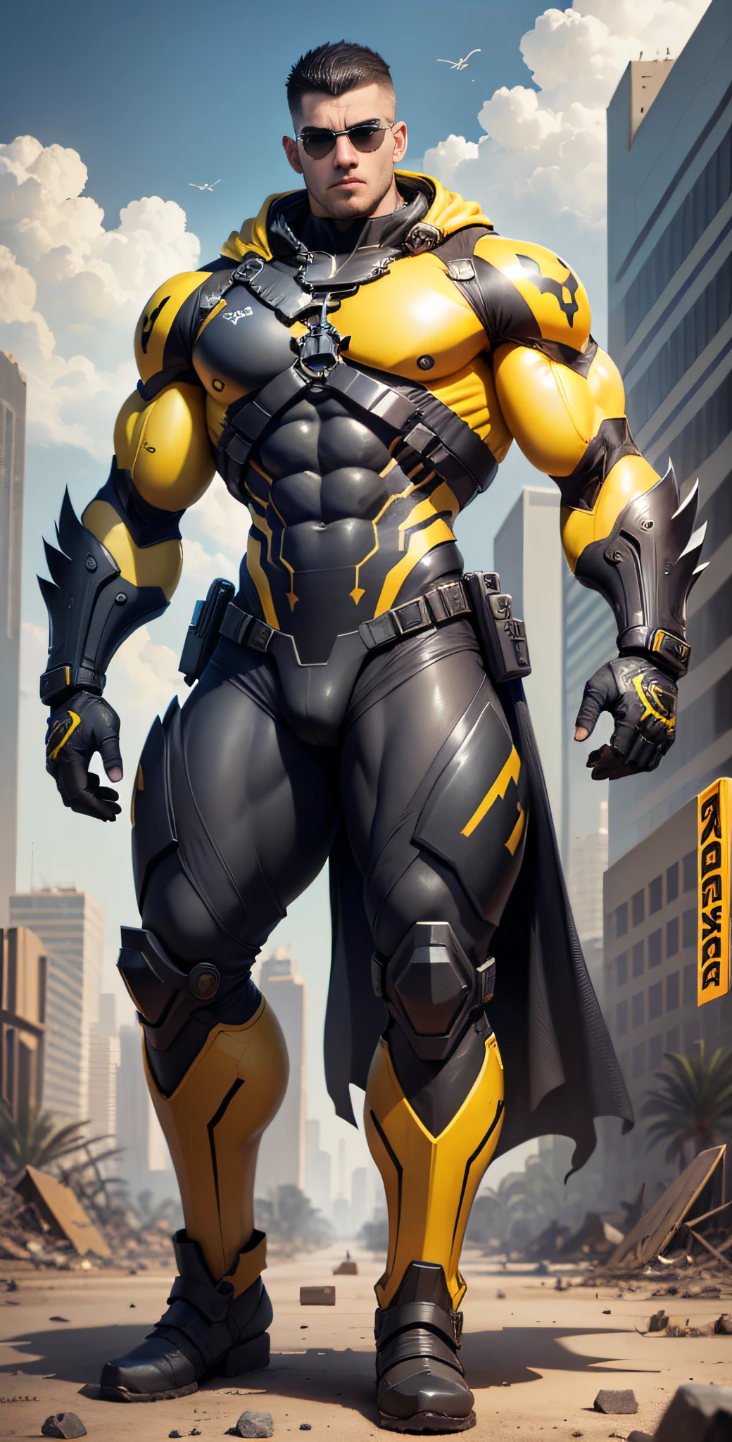 Arad man in yellow and black clothes stands in desolate ruins, muscular male hero, Buzz Cut, heroic male pose, tall and burly, muscular! Wearing black sunglasses with sad expression, stealth suit, symmetrical pattern texture design, super buff and cool, high resolution committee, character design police, black military boots, attractive strong male