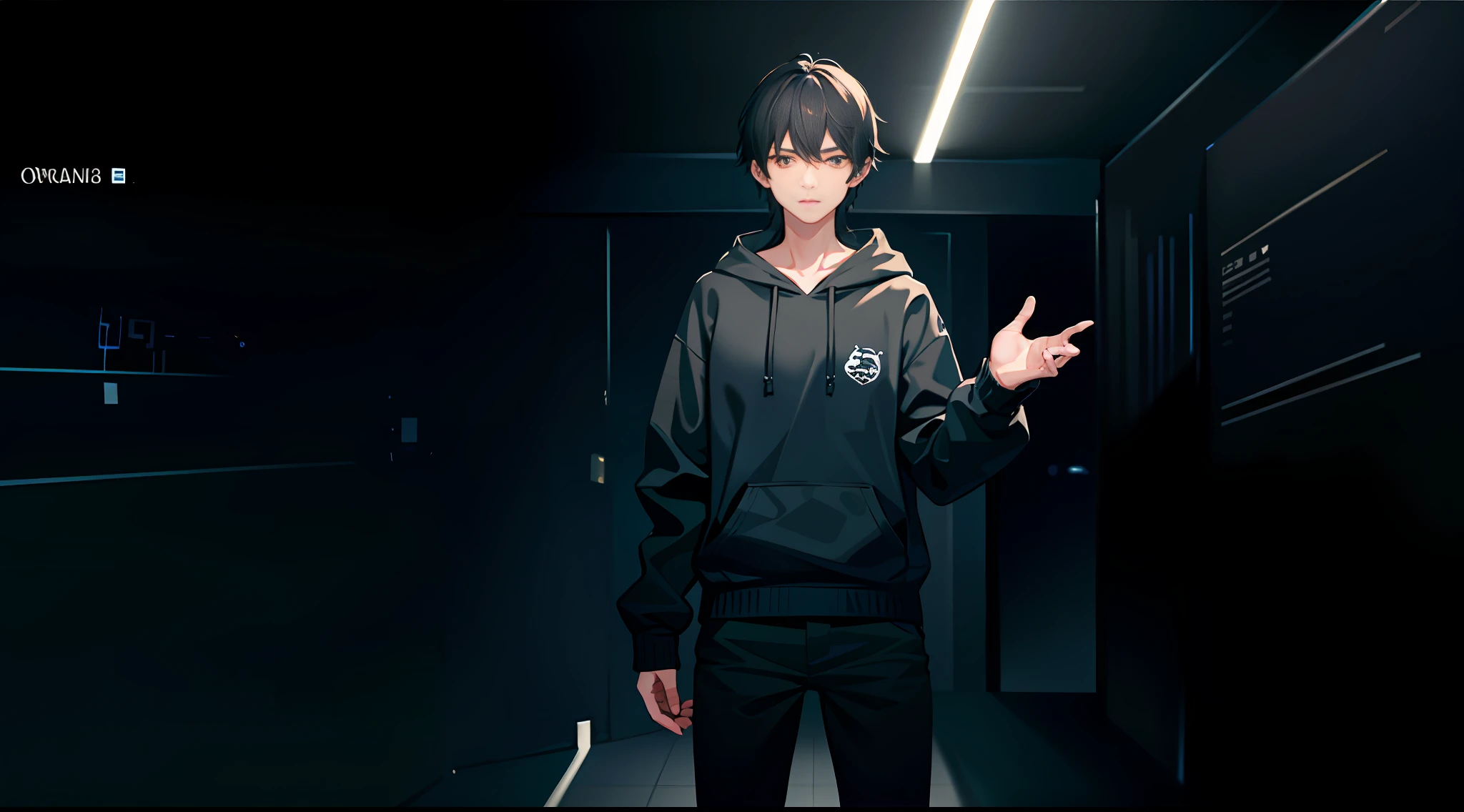 A  boy, dark hair highlighted, default t-pose, orthogonal front, ultra-detailed body parts, wearing dark blue hoodie and black pants, character portrait, body portrait, highly detailed, 64k, animation,