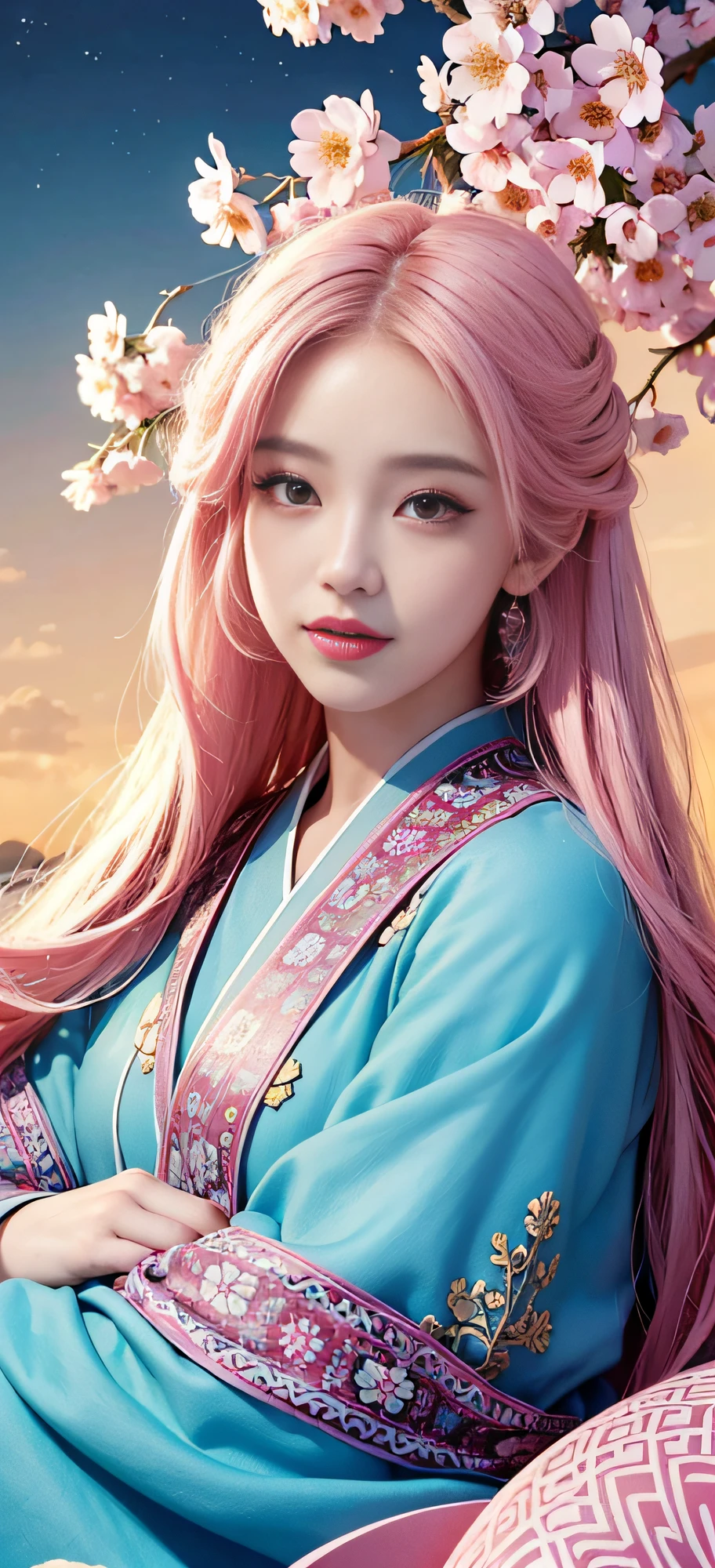 (Masterpiece, Top Quality, Best Quality, Official Art, Beauty and Aesthetics: 1.2), (1girl), Korean, (Smile), Extremely detailed, Colorful, Supreme Detailed, Uniform 8k wallpaper, Ultra detailed, Beautiful, Pale Pink hair color, (zentangle, flower, mandala, tangled, entangled), water art, surround, entangled, real, sci-fi background
