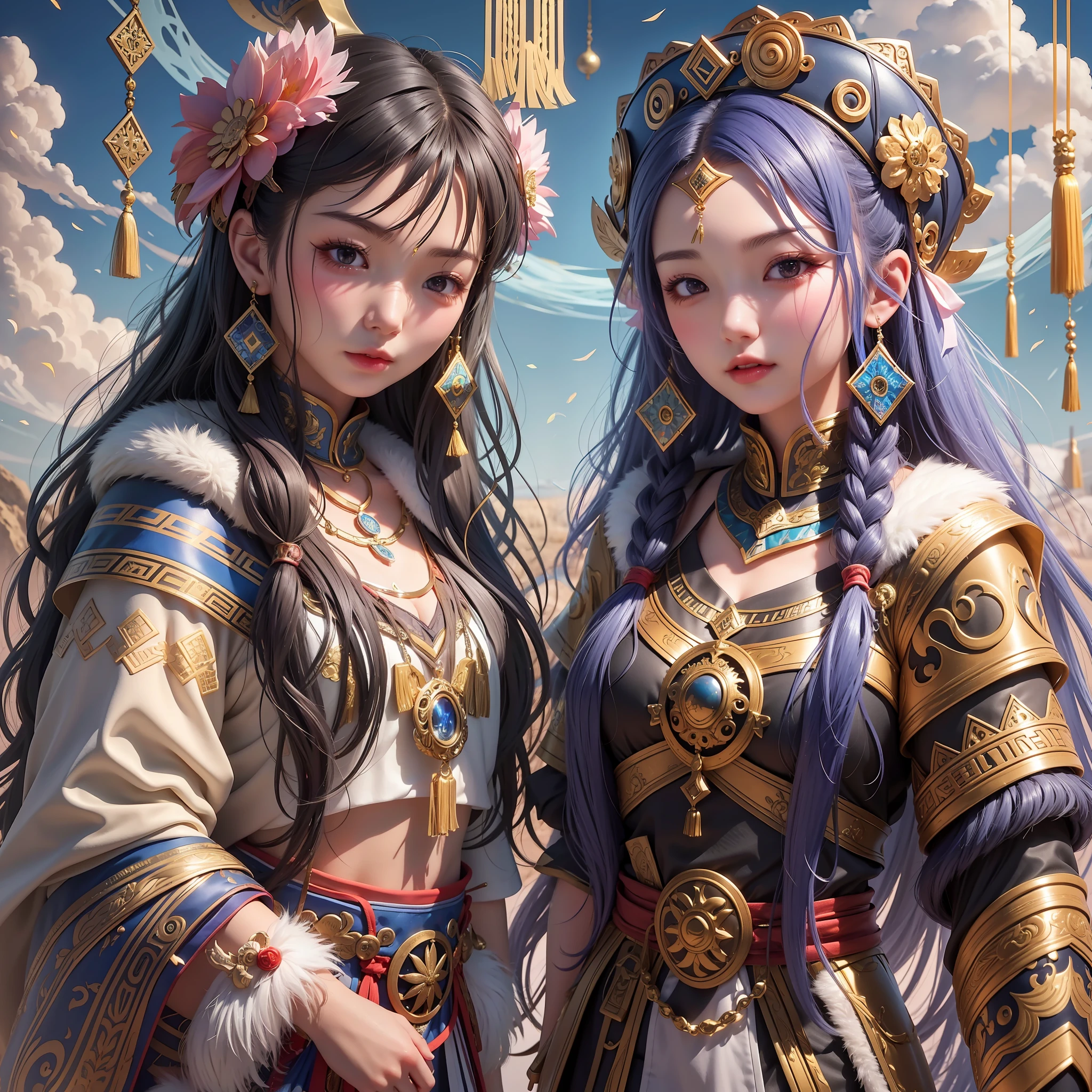 two asian women in costumes standing next to each other, 2. 5 d cgi anime fantasy artwork, anime fantasy illustration, ruan jia and artgerm, wlop and sakimichan, artgerm and ruan jia, artwork in the style of guweiz, fantasy art style, g liulian art style, trending on cgstation