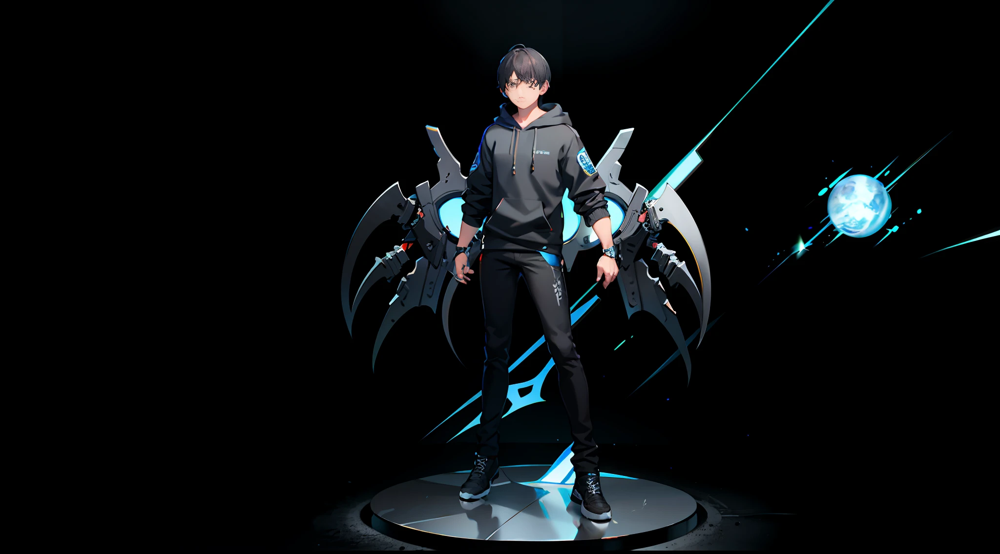 A  boy, dark hair highlighted, default t-pose, orthogonal front, ultra-detailed body parts, wearing dark blue hoodie and black pants, character portrait, body portrait, highly detailed, 64k, animation,