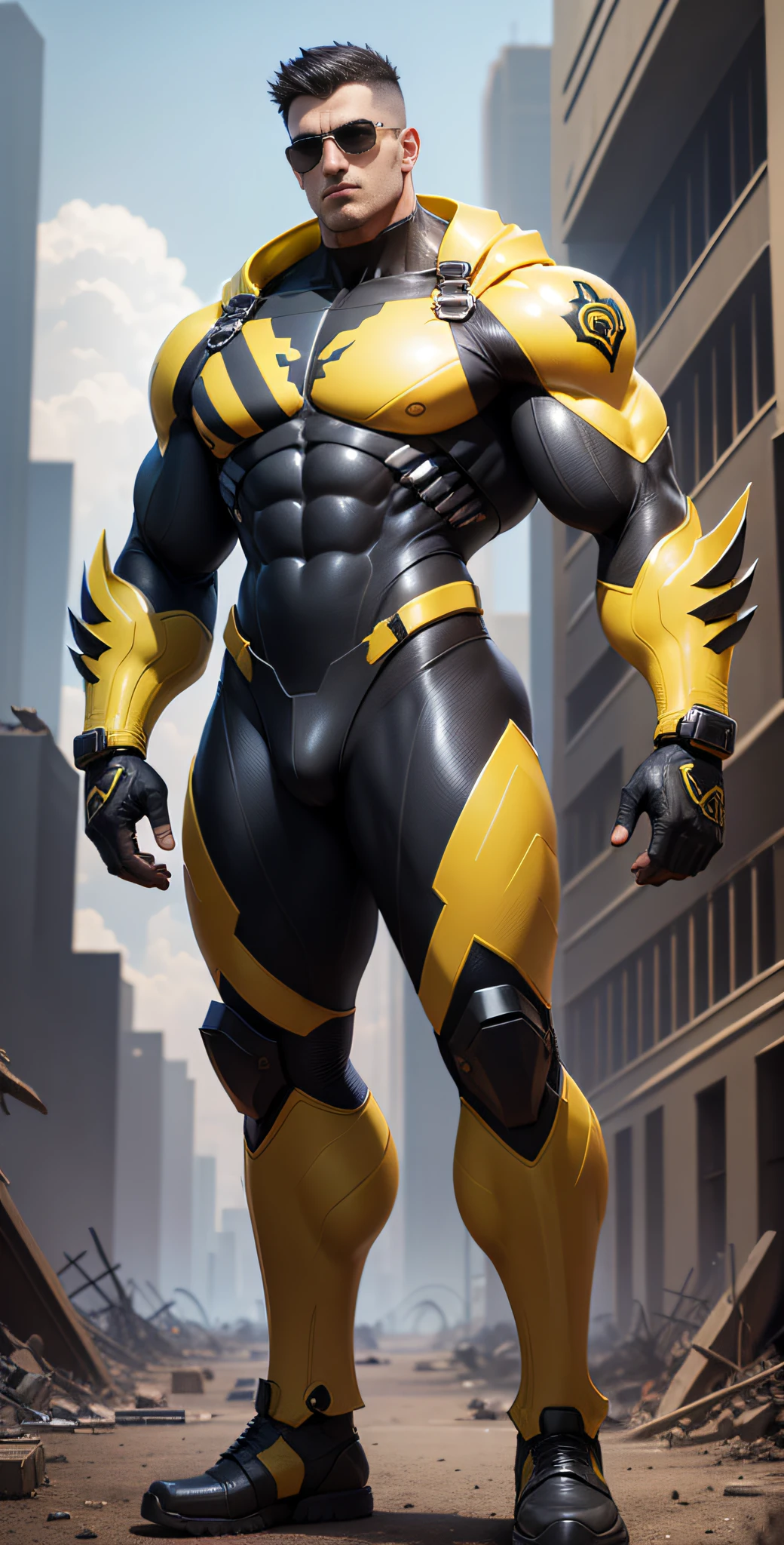 Arad man in yellow and black clothes stands in desolate ruins, muscular male hero, Buzz Cut, heroic male pose, tall and burly, muscular! Wearing black sunglasses with sad expression, stealth suit, symmetrical pattern texture design, super buff and cool, high resolution committee, character design police, black military boots, attractive strong male