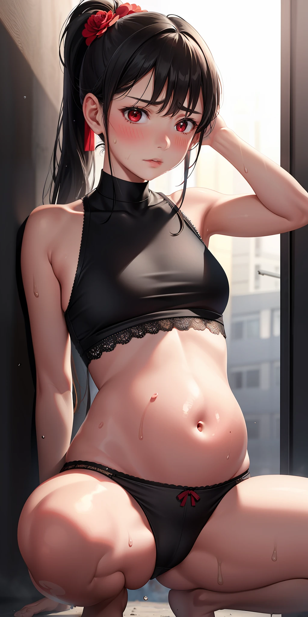 realistic, girl alone, , navel alone, small, short ponytail, black hair, red eyes, glowing eyes, lace underwear, sweat, wet with sweat, squatting, pregnancy, parted lips, blush, night, flower, sun, sunlight, rough breath