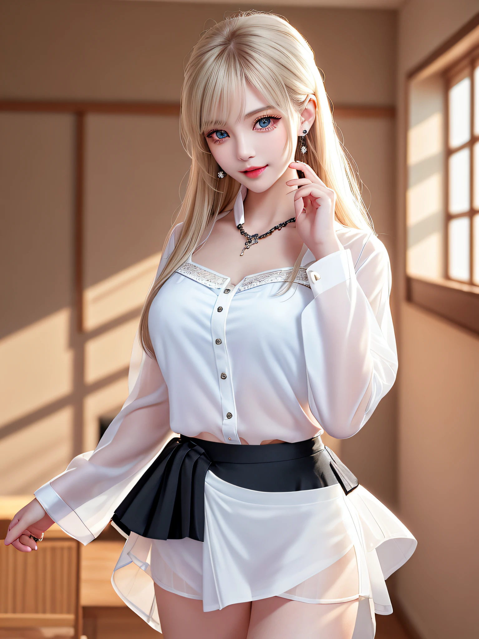Female Teacher Standing in Classroom v6, Necklace, Earrings, Full Body V6, Long Gray Hair, Translucent Clothes, Visible, Superb, Ultra High Definition, RAW Photo, Realism 1.25), (Bright Lip Gloss, Long Eyelashes, Smooth) Face, Light Bright, Natural Shadows, Wide Light, Wide Light, Depth of Field, Strong Color, Subtle Caulstics: 0.8), Smile, (Big), v6, There are windows showing different buildings in the city (absurdity, high resolution, super detail), smile, (big), v6 ((Adriaan Honig))) girl with blonde hair and blue eyes, beautiful, thin ((white sheer blouse, black silk underwear, underwear bite, sexy pose, back figure, gaze is window side, ((white sheer blouse, black mini flared skirt))